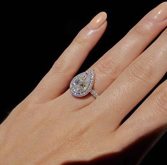 Pear Cut Halo Ring for Women – Teardrop Crystal Engagement Ring, Double Halo Statement Ring, Sparkling Silver Promise Ring, Elegant Gift for Her