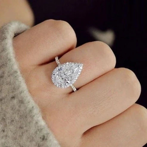 Pear Cut Halo Ring for Women – Teardrop Crystal Engagement Ring, Double Halo Statement Ring, Sparkling Silver Promise Ring, Elegant Gift for Her