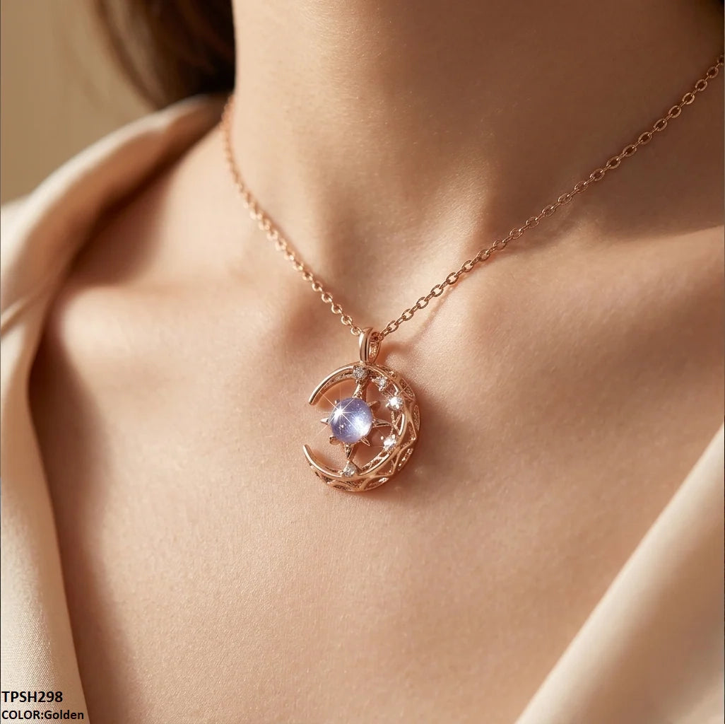 Moon Crystal Necklace, Celestial Pendant, Rose Gold Lavender, Silver Blue