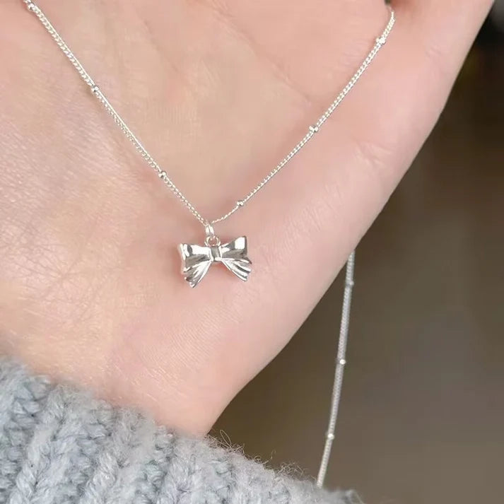 Silver Bow Necklace for Women | Dainty Bow Pendant Necklace | Minimalist Jewelry Gift for Her | Cute Everyday Necklace