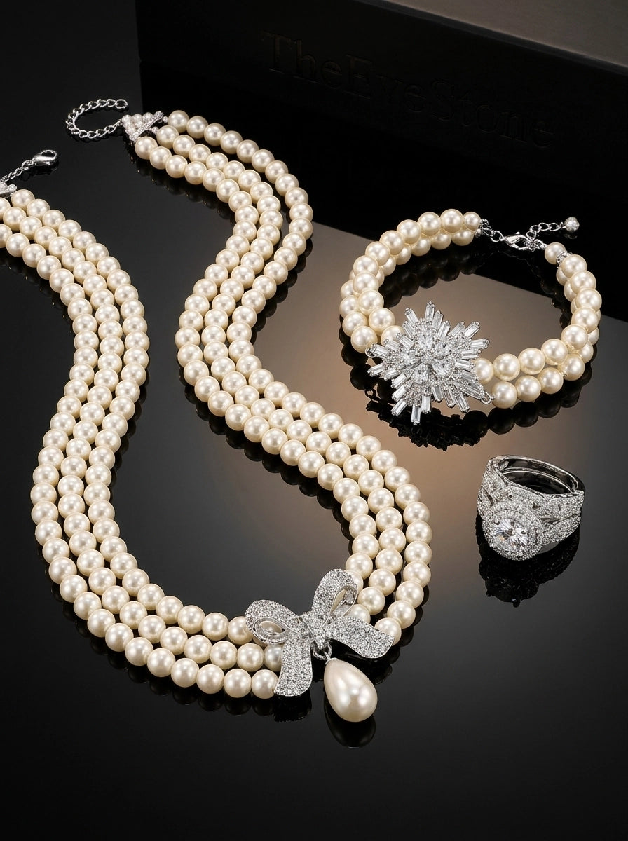 Pearl Jewelry Set, Pearl Necklace + Ring + Bracelet, Wedding Gift for Women