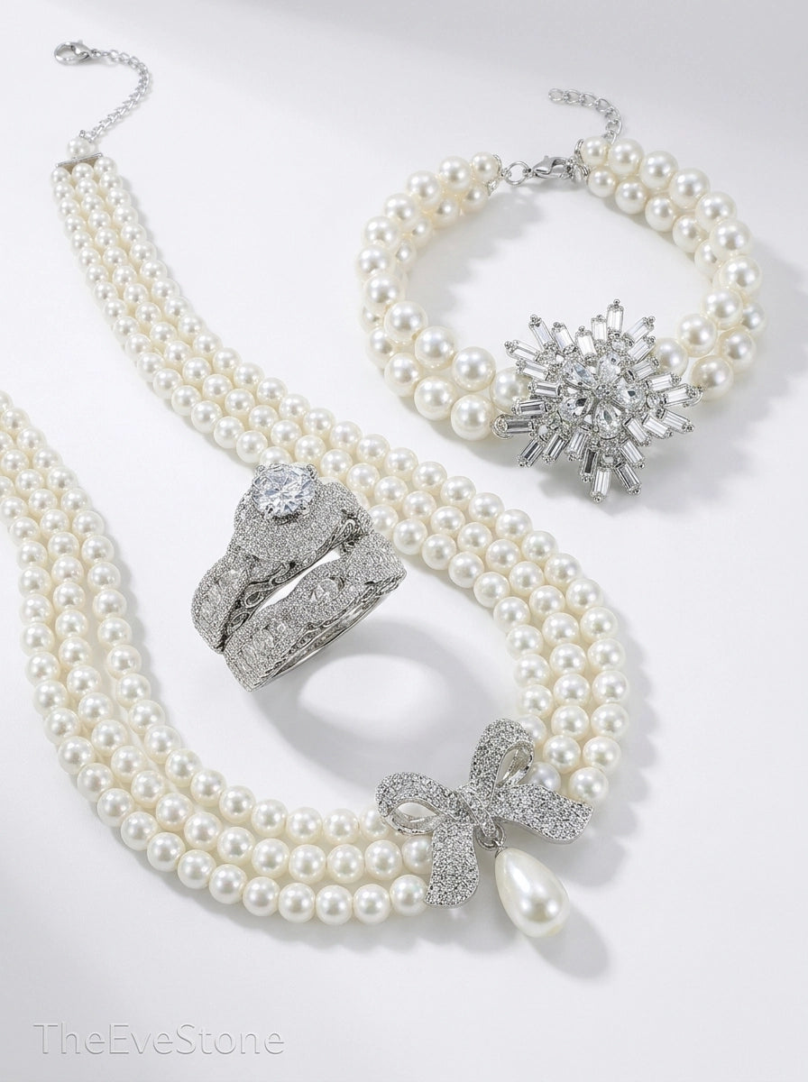 Pearl Jewelry Set, Pearl Necklace + Ring + Bracelet, Wedding Gift for Women