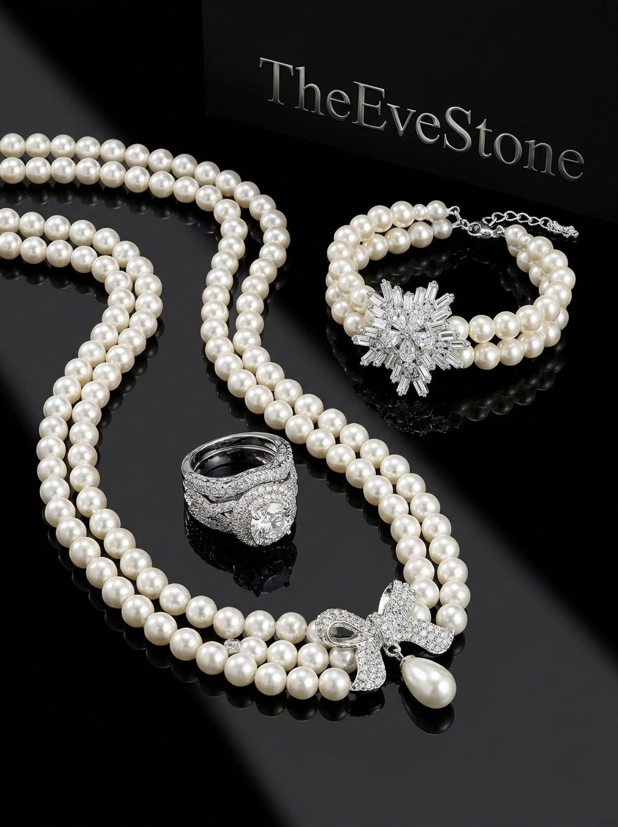 Pearl Jewelry Set, Pearl Necklace + Ring + Bracelet, Wedding Gift for Women