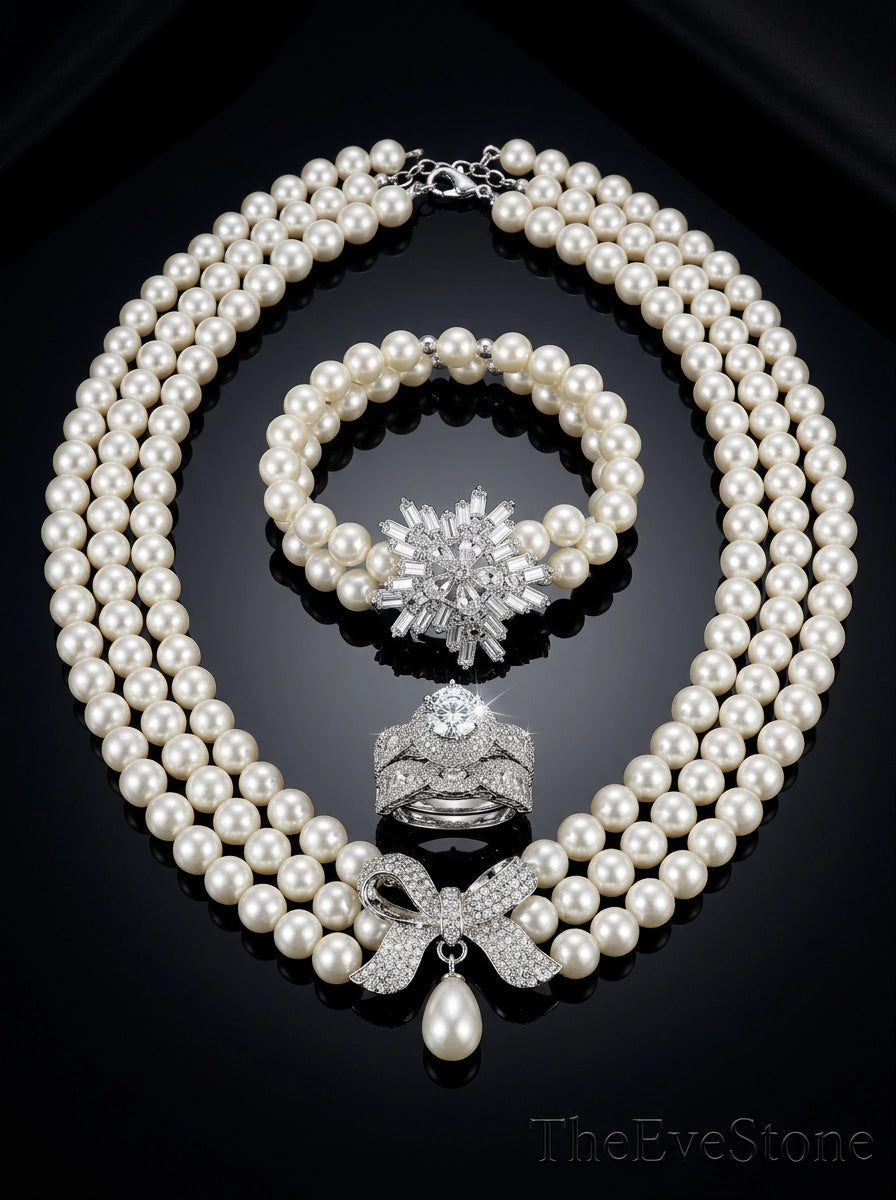 Pearl Jewelry Set, Pearl Necklace + Ring + Bracelet, Wedding Gift for Women