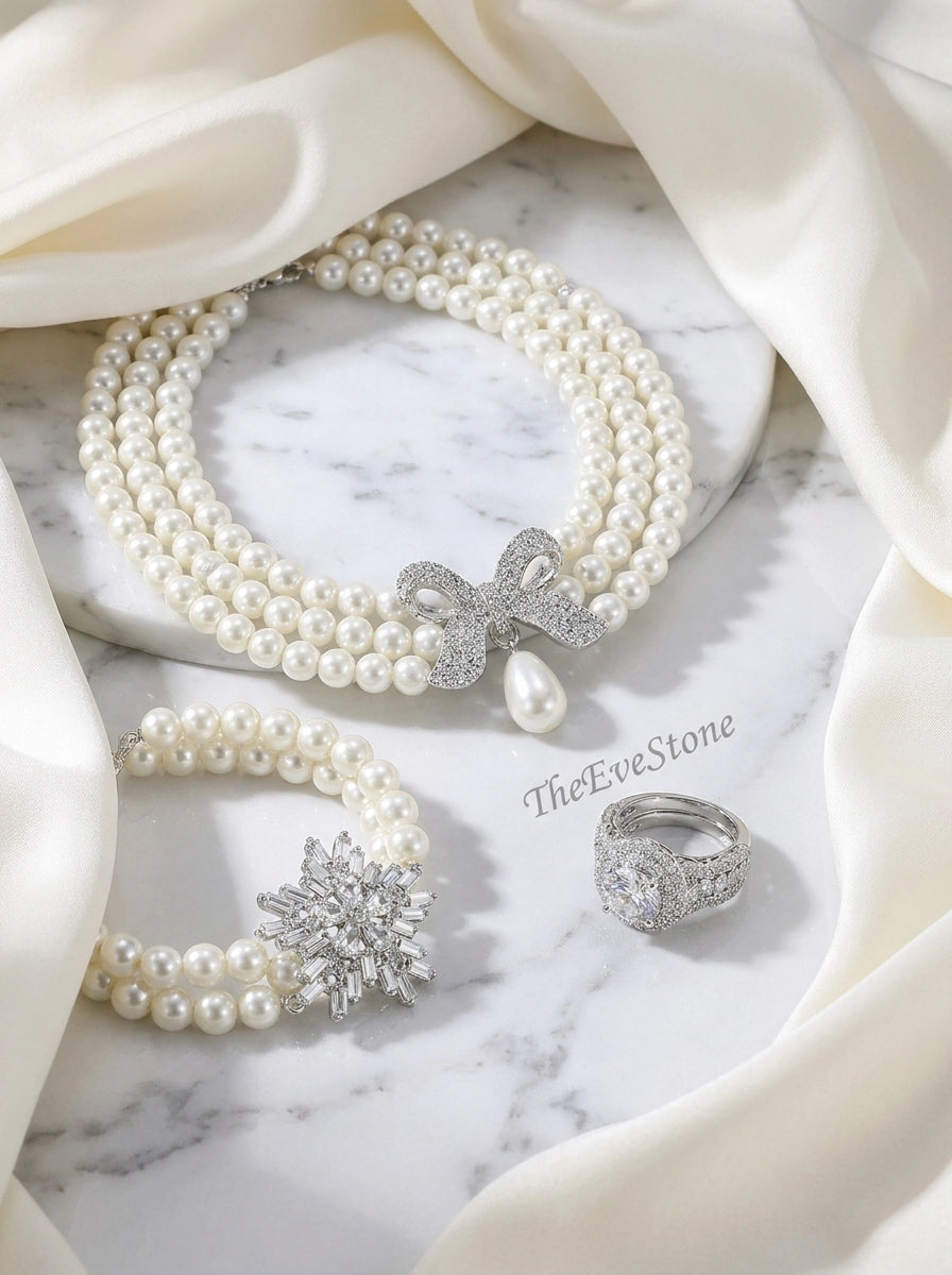 Pearl Jewelry Set, Pearl Necklace + Ring + Bracelet, Wedding Gift for Women
