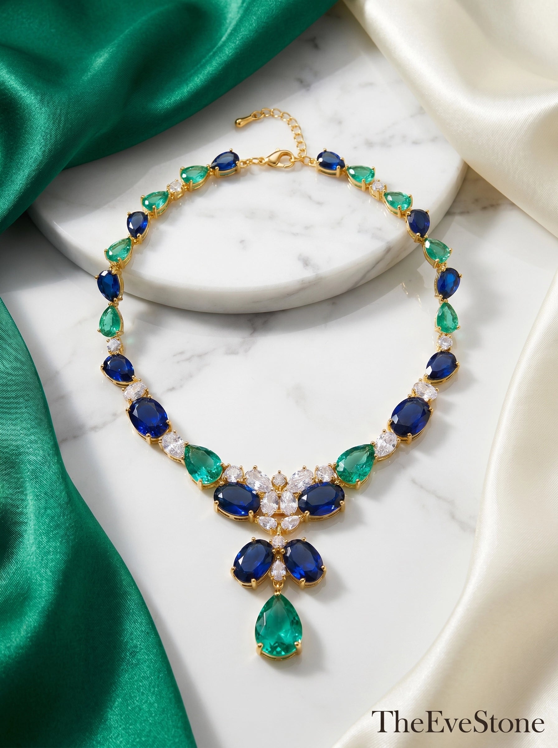 Sapphire Emerald Statement Necklace, Blue Green Gemstone Gold Plated Necklace for Women, Wedding Jewelry