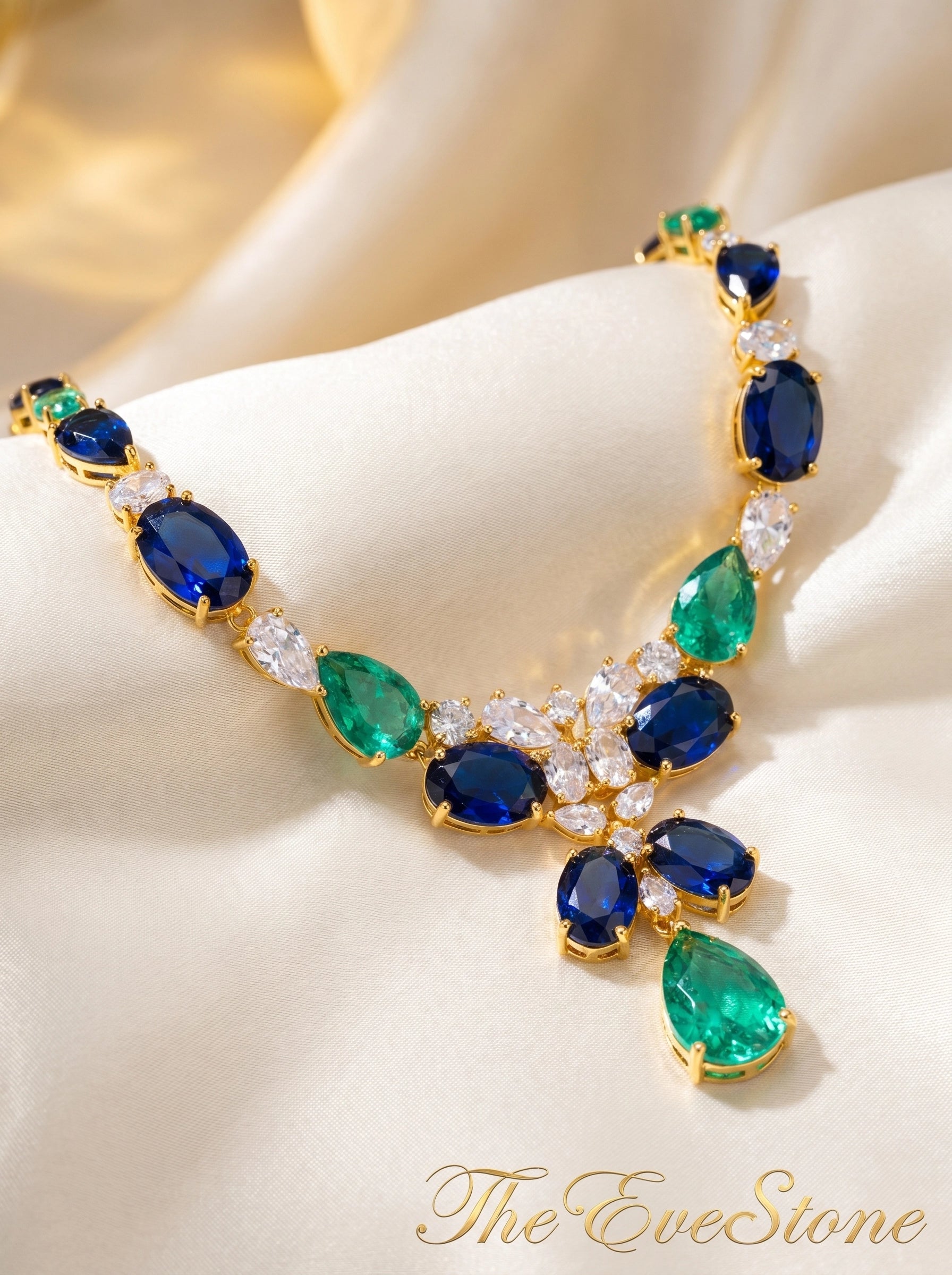 Sapphire Emerald Statement Necklace, Blue Green Gemstone Gold Plated Necklace for Women, Wedding Jewelry