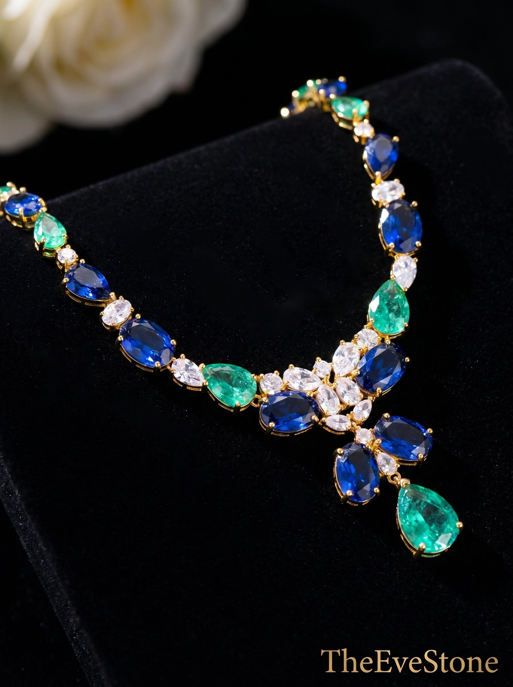 Sapphire Emerald Statement Necklace, Blue Green Gemstone Gold Plated Necklace for Women, Wedding Jewelry
