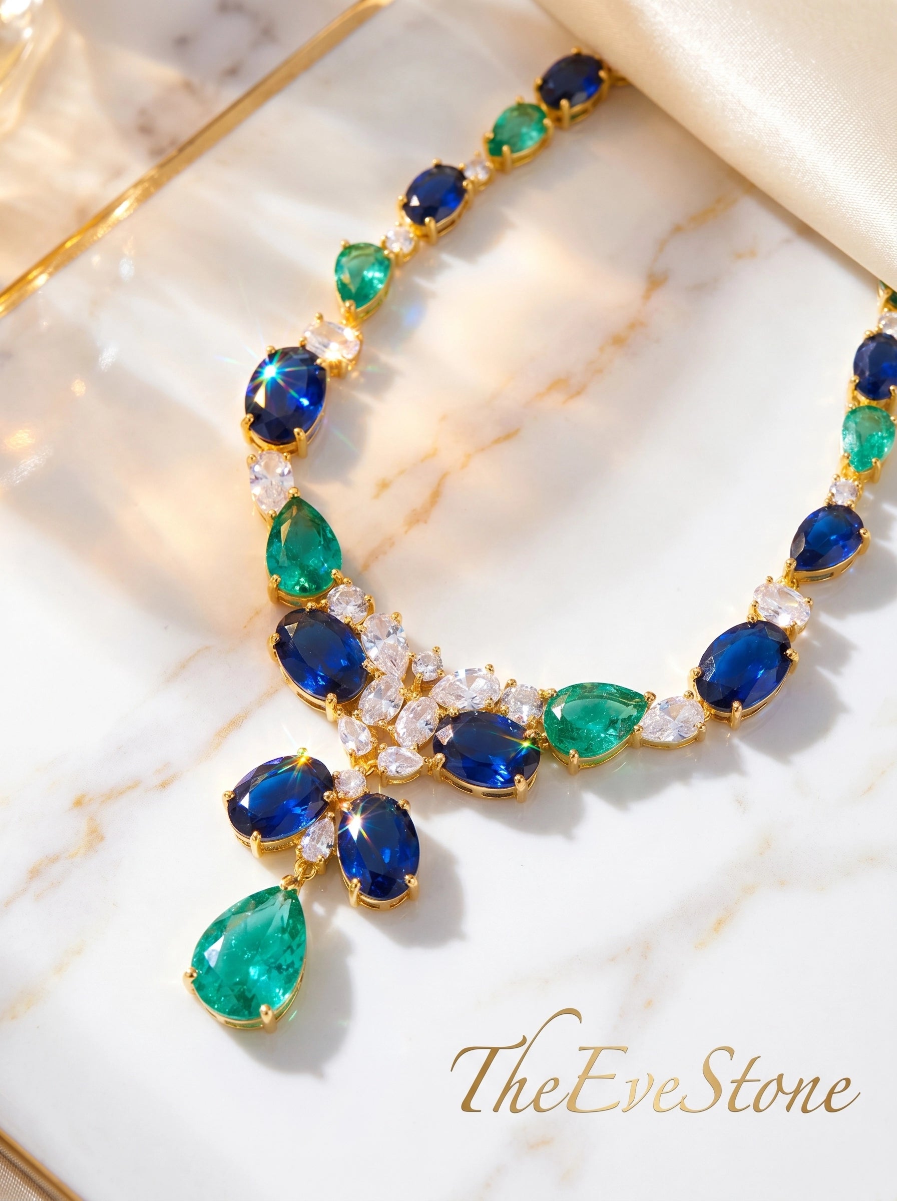 Sapphire Emerald Statement Necklace, Blue Green Gemstone Gold Plated Necklace for Women, Wedding Jewelry