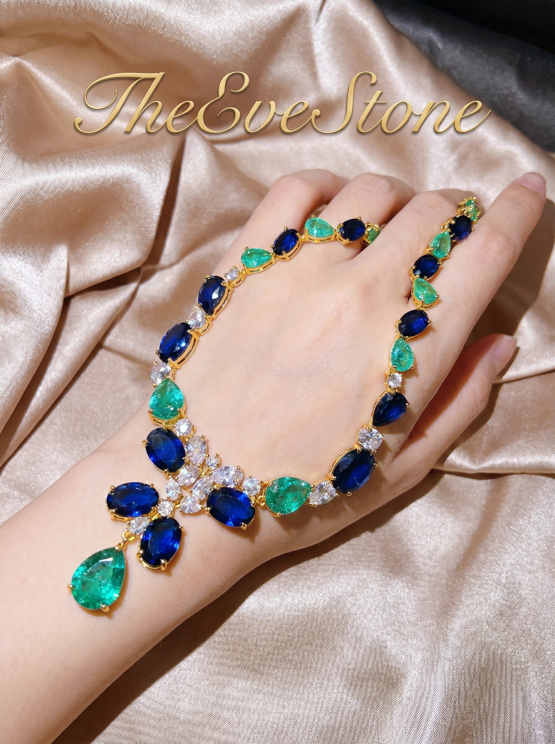 Sapphire Emerald Statement Necklace, Blue Green Gemstone Gold Plated Necklace for Women, Wedding Jewelry
