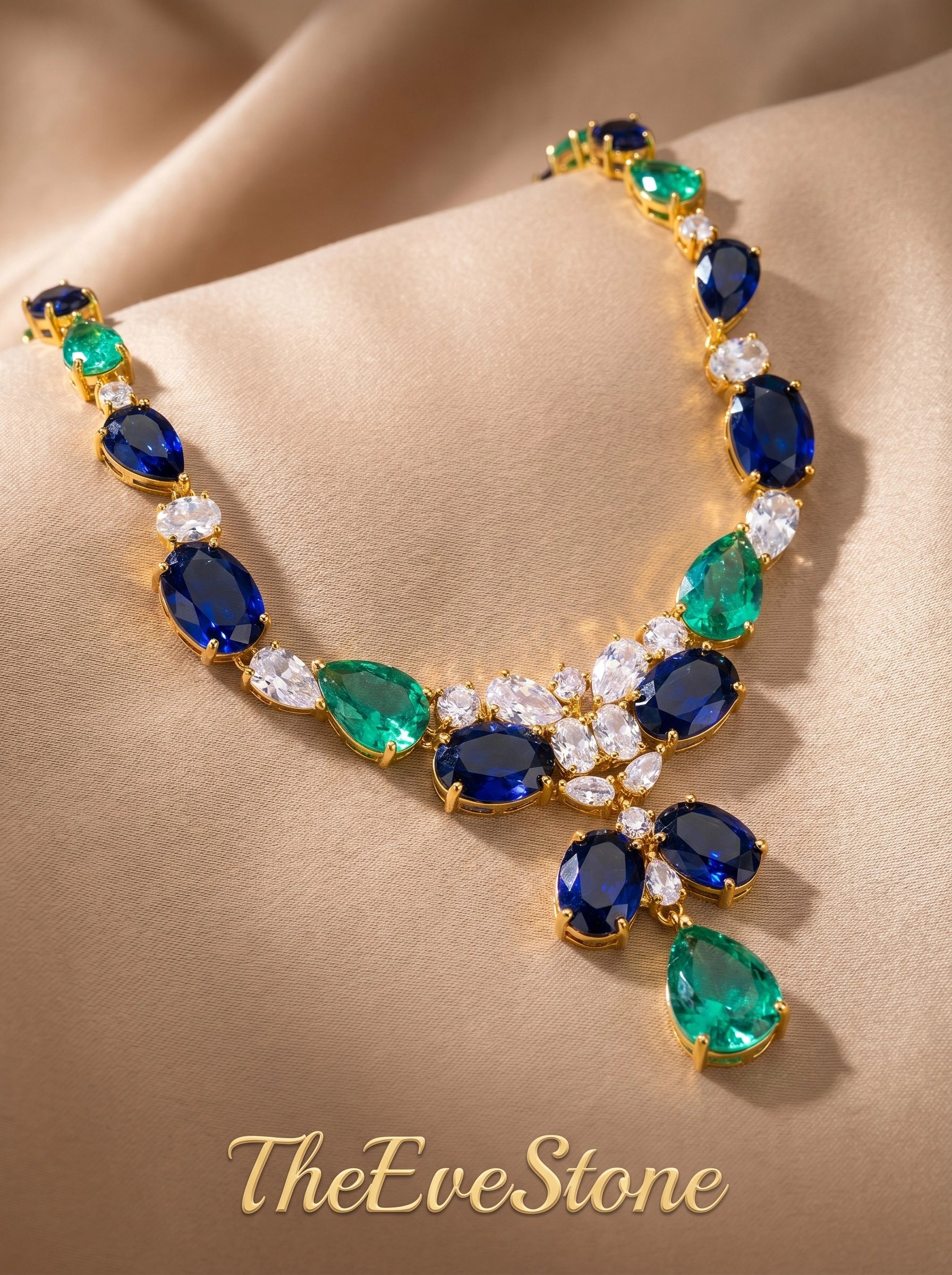 Sapphire Emerald Statement Necklace, Blue Green Gemstone Gold Plated Necklace for Women, Wedding Jewelry