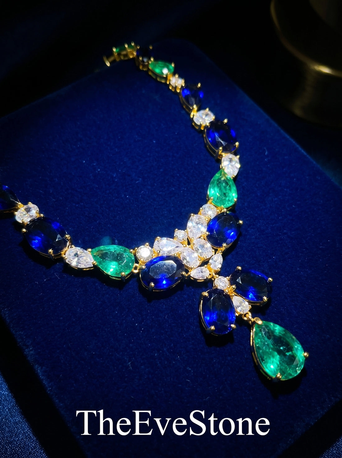Sapphire Emerald Statement Necklace, Blue Green Gemstone Gold Plated Necklace for Women, Wedding Jewelry