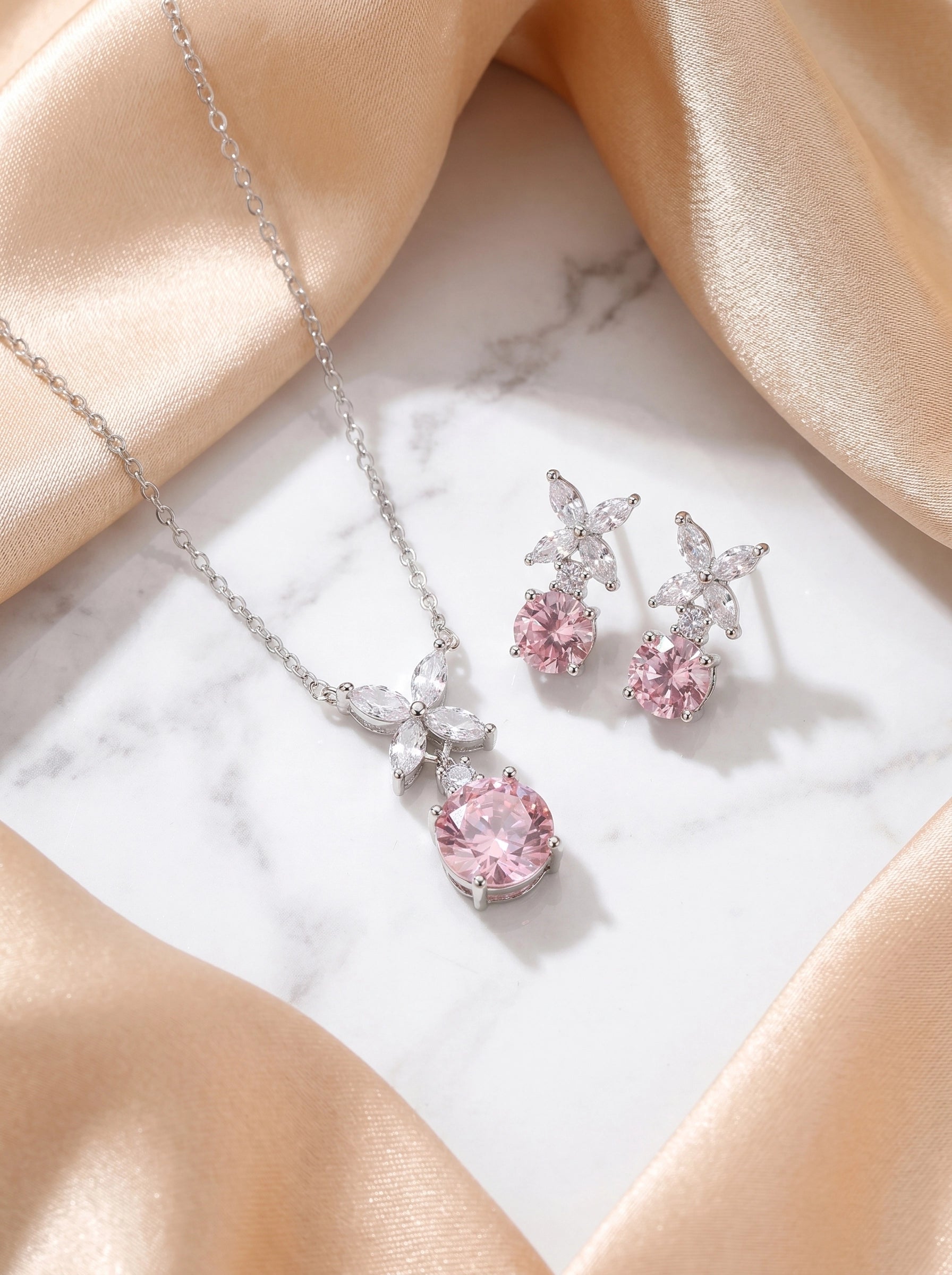 Pink Crystal Marquise Silver Jewelry Set, Pendant Necklace Drop Earrings