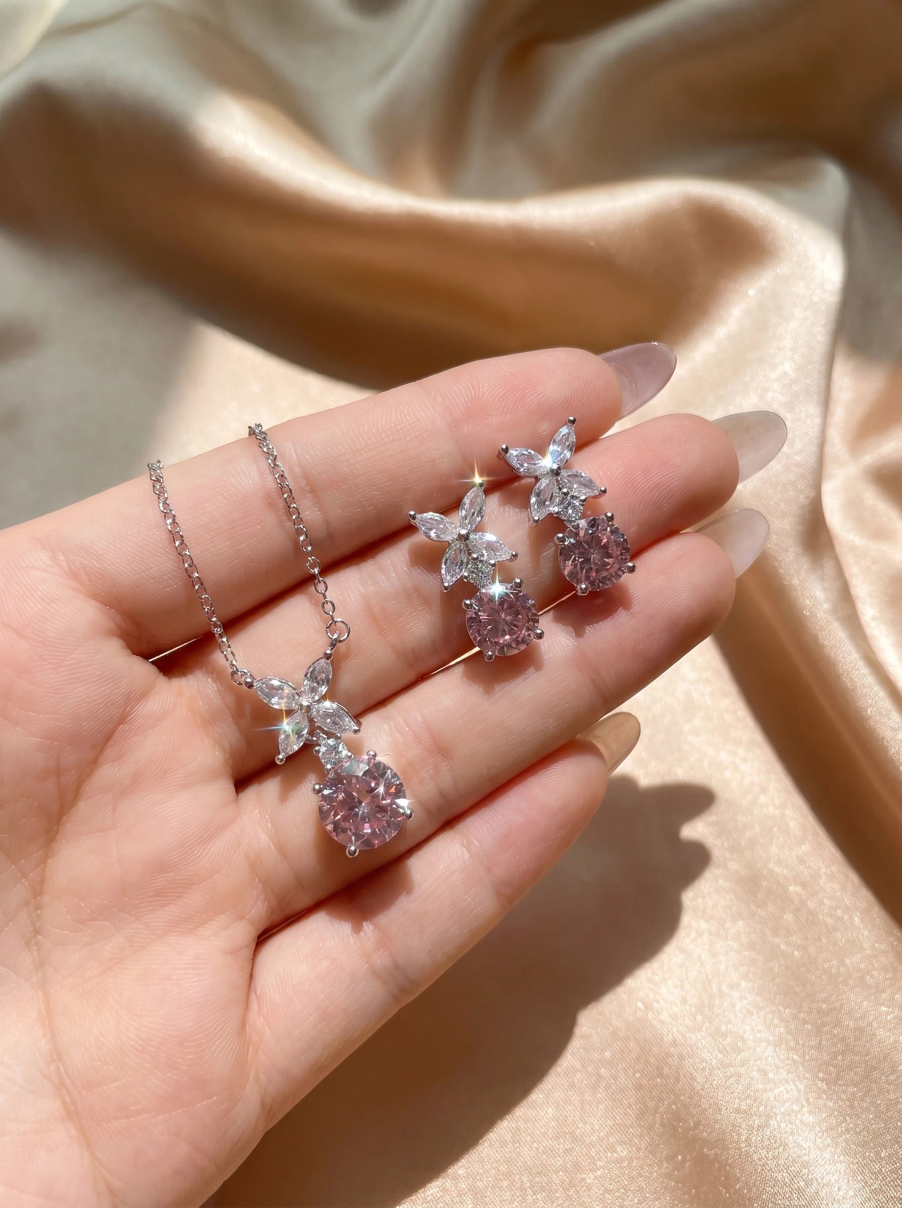 Pink Crystal Marquise Silver Jewelry Set, Pendant Necklace Drop Earrings