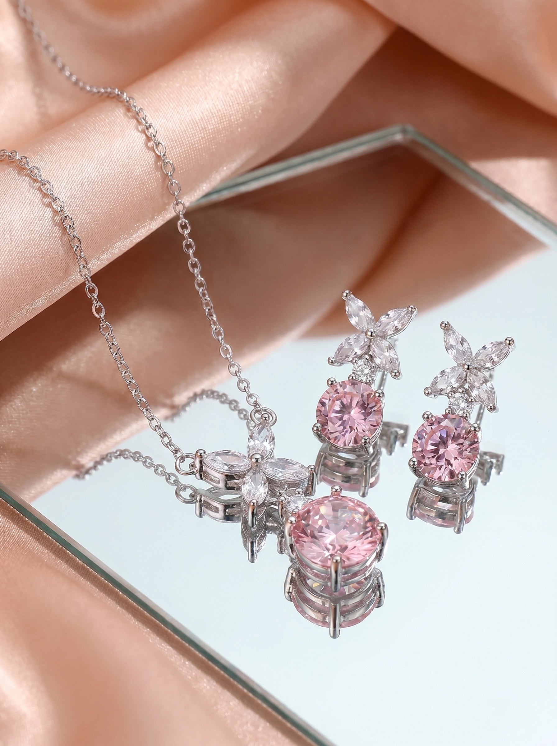 Pink Crystal Marquise Silver Jewelry Set, Pendant Necklace Drop Earrings
