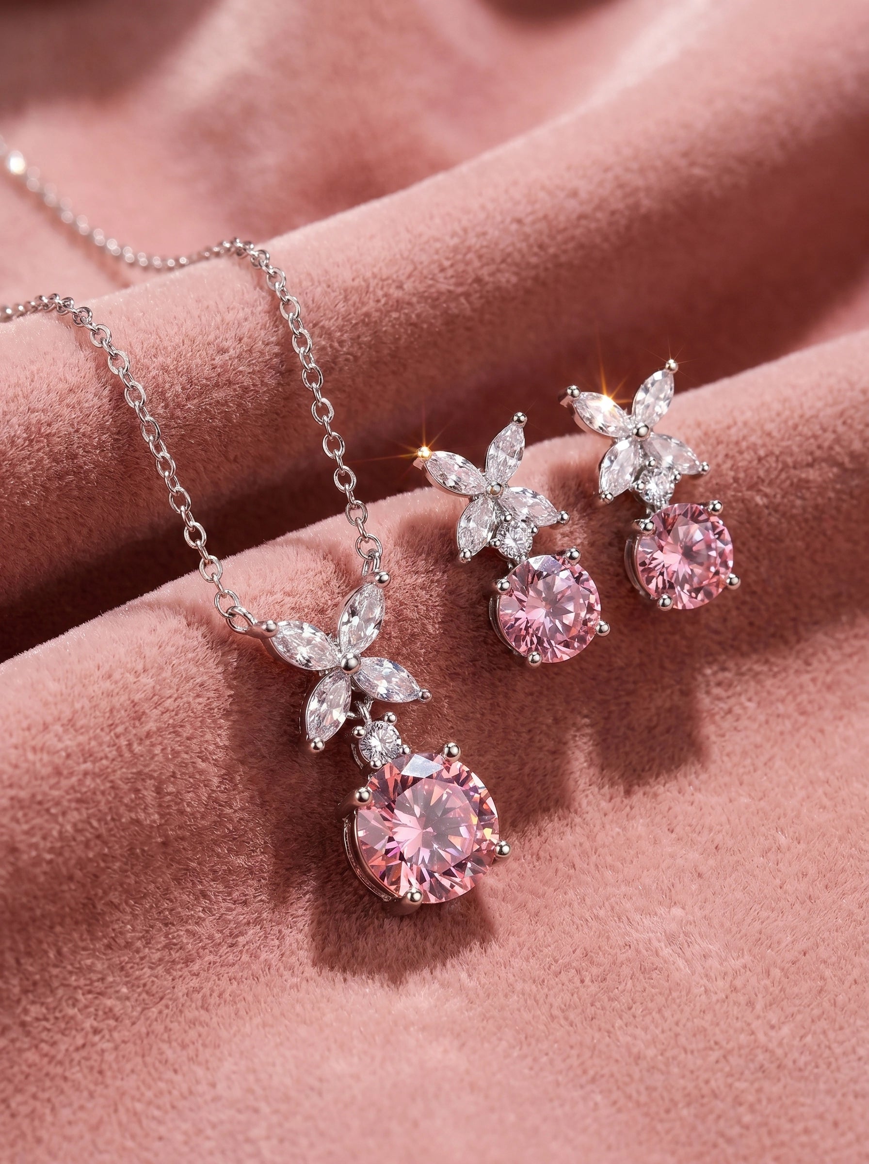 Pink Crystal Marquise Silver Jewelry Set, Pendant Necklace Drop Earrings