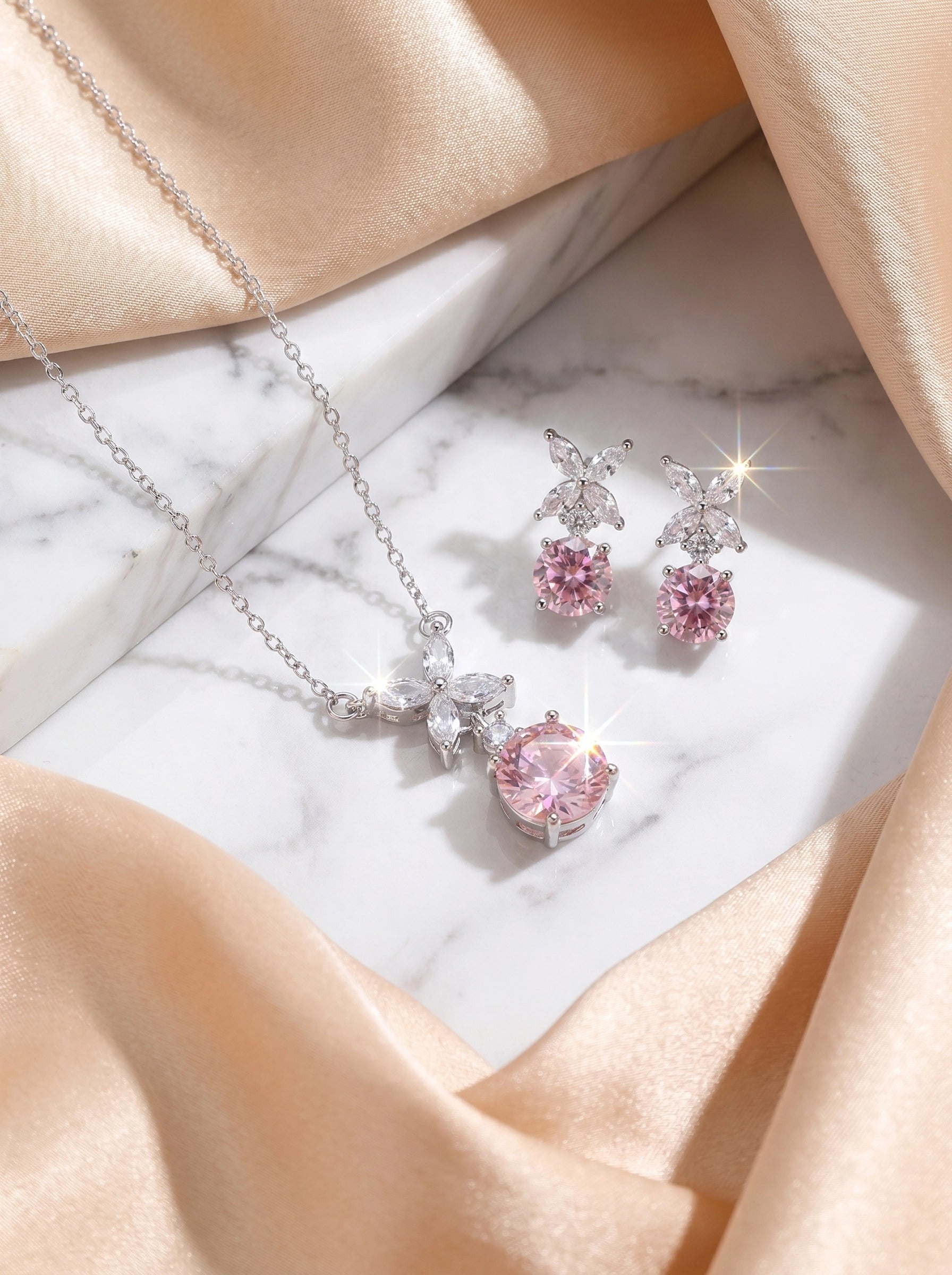 Pink Crystal Marquise Silver Jewelry Set, Pendant Necklace Drop Earrings