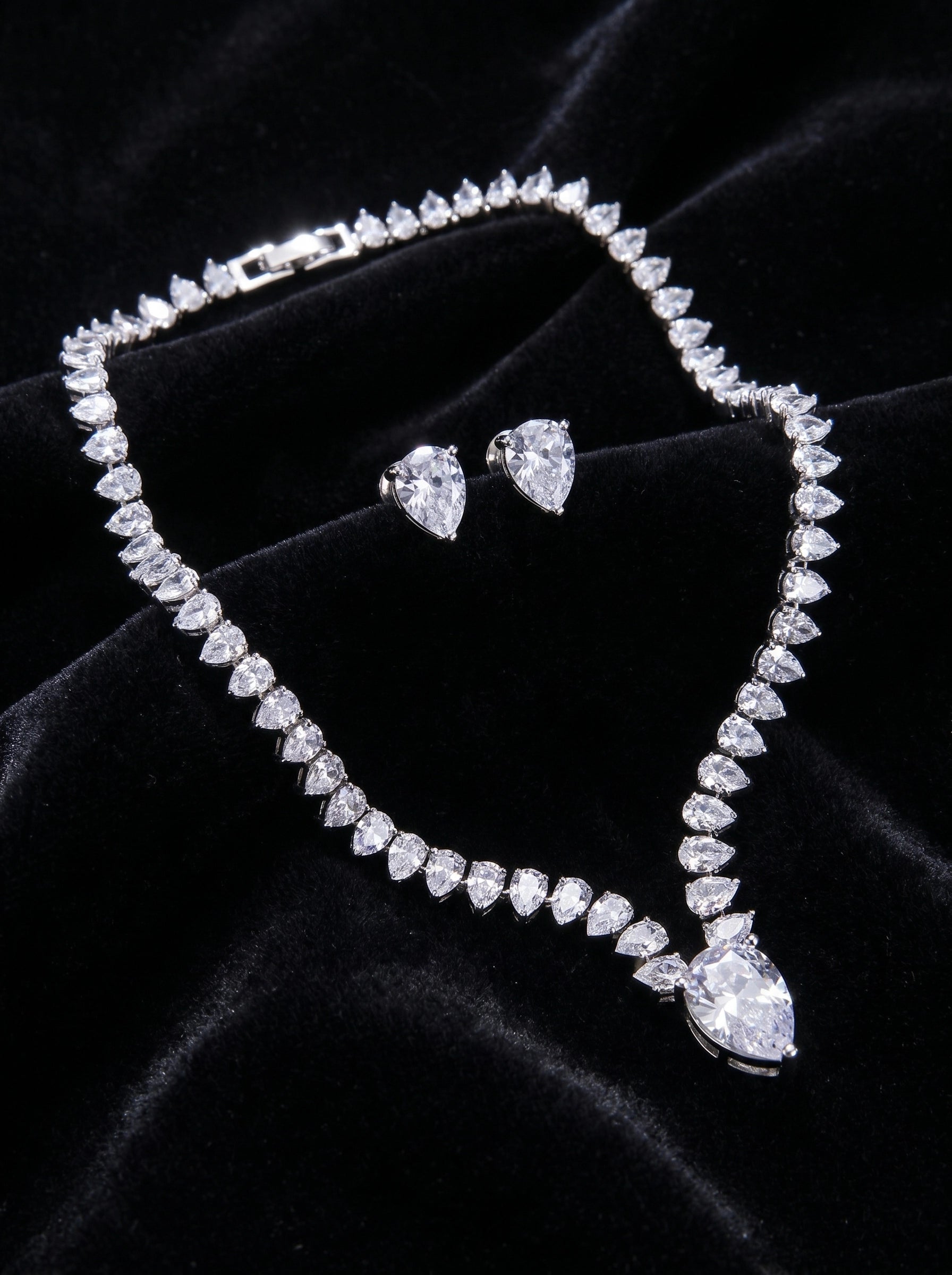 Pear Crystal Jewelry Set, Necklace and Earrings, Silver Plated Bridal Jewelry Gift for Women