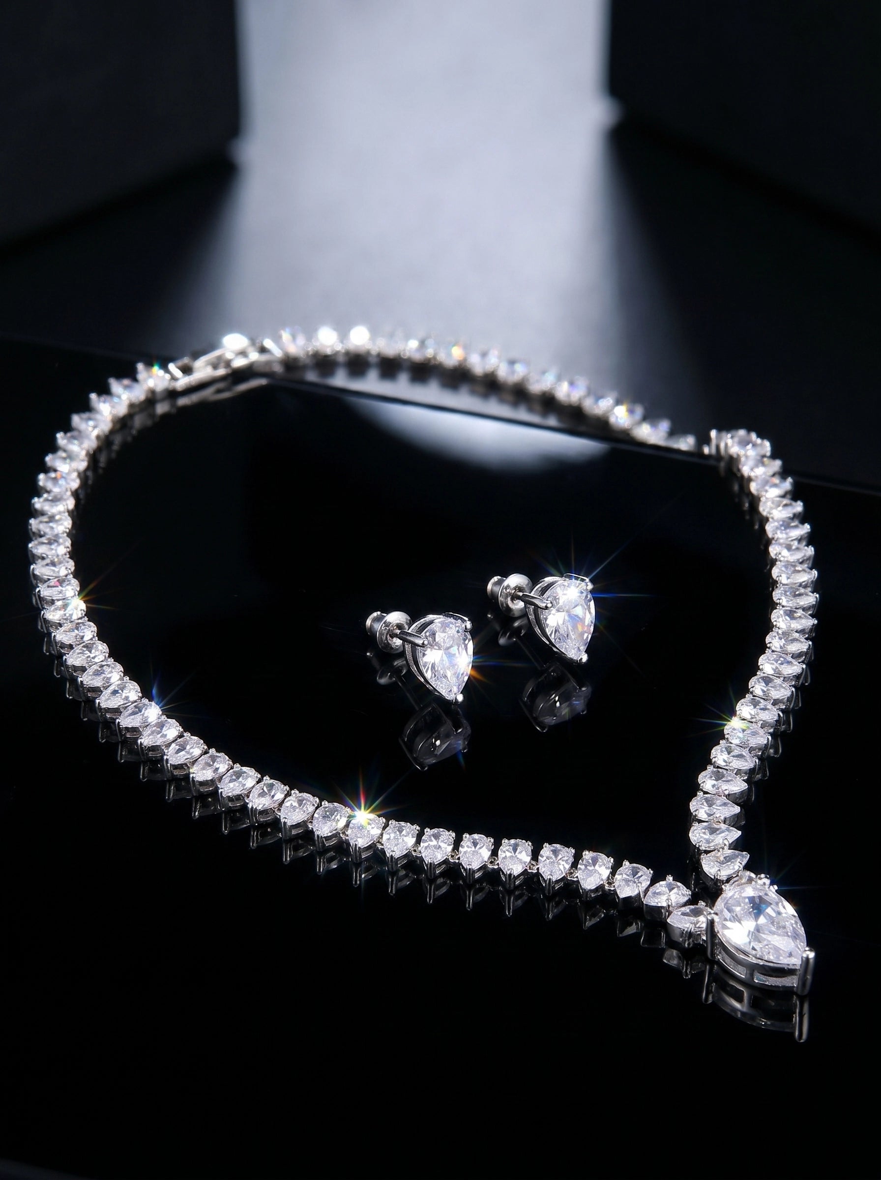Pear Crystal Jewelry Set, Necklace and Earrings, Silver Plated Bridal Jewelry Gift for Women