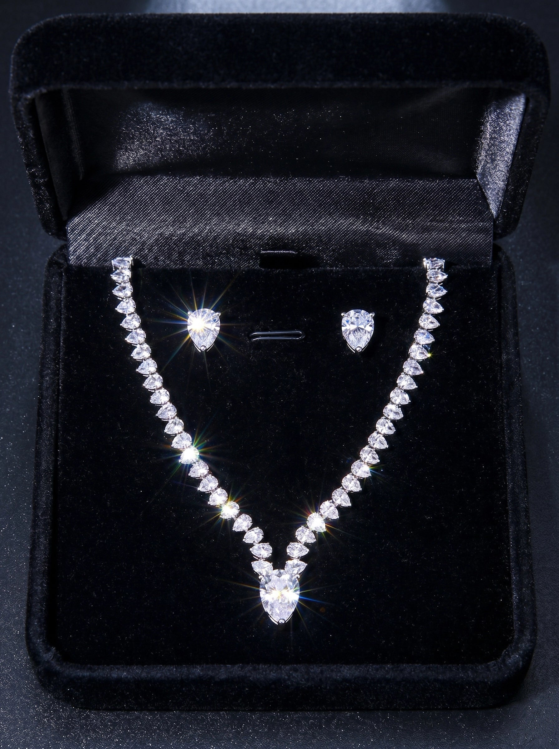 Pear Crystal Jewelry Set, Necklace and Earrings, Silver Plated Bridal Jewelry Gift for Women