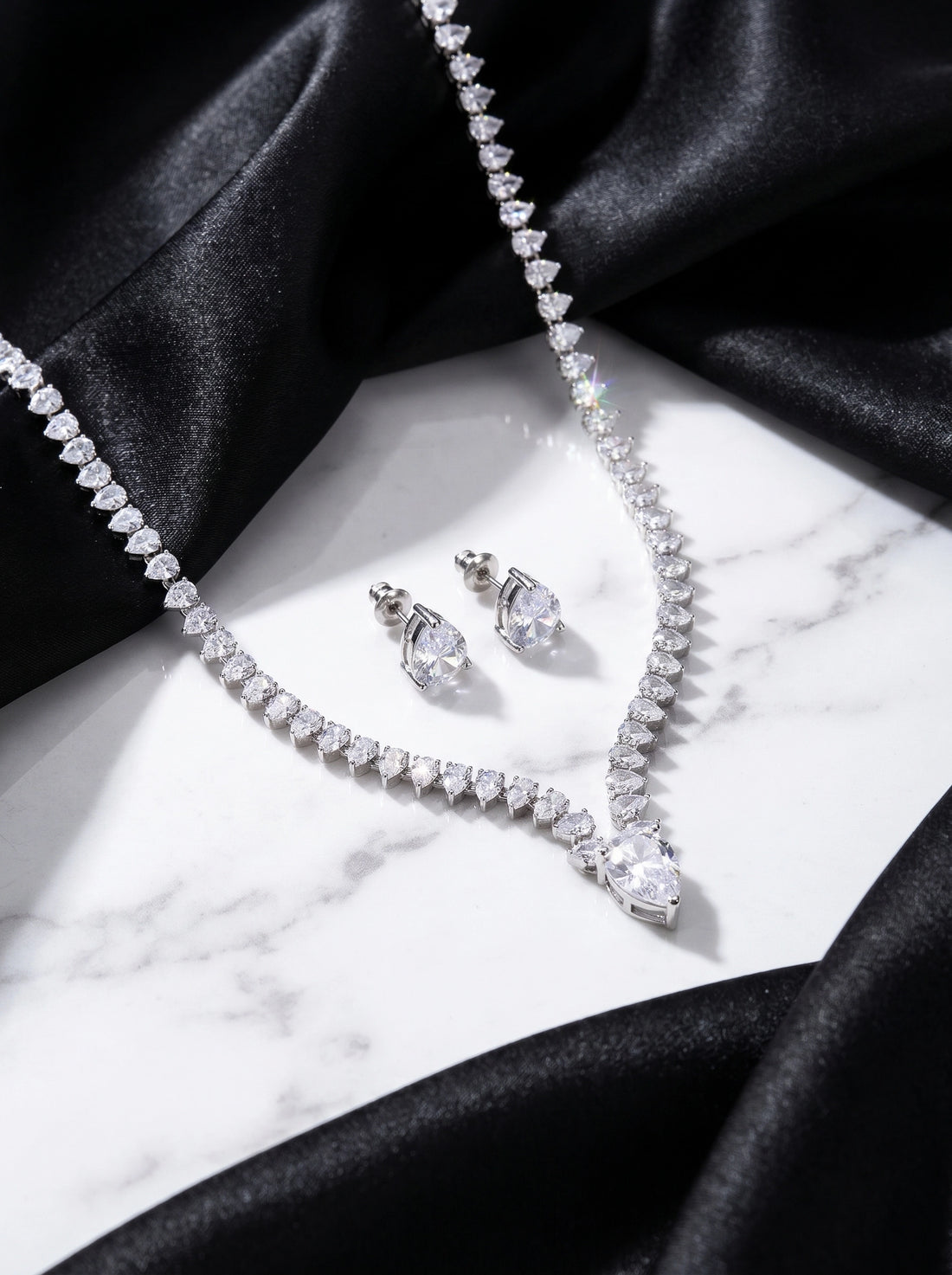 Pear Crystal Jewelry Set, Necklace and Earrings, Silver Plated Bridal Jewelry Gift for Women