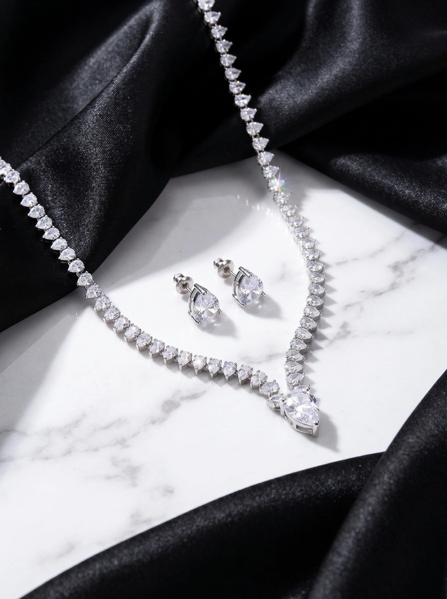 Pear Crystal Jewelry Set, Necklace and Earrings, Silver Plated Bridal Jewelry Gift for Women
