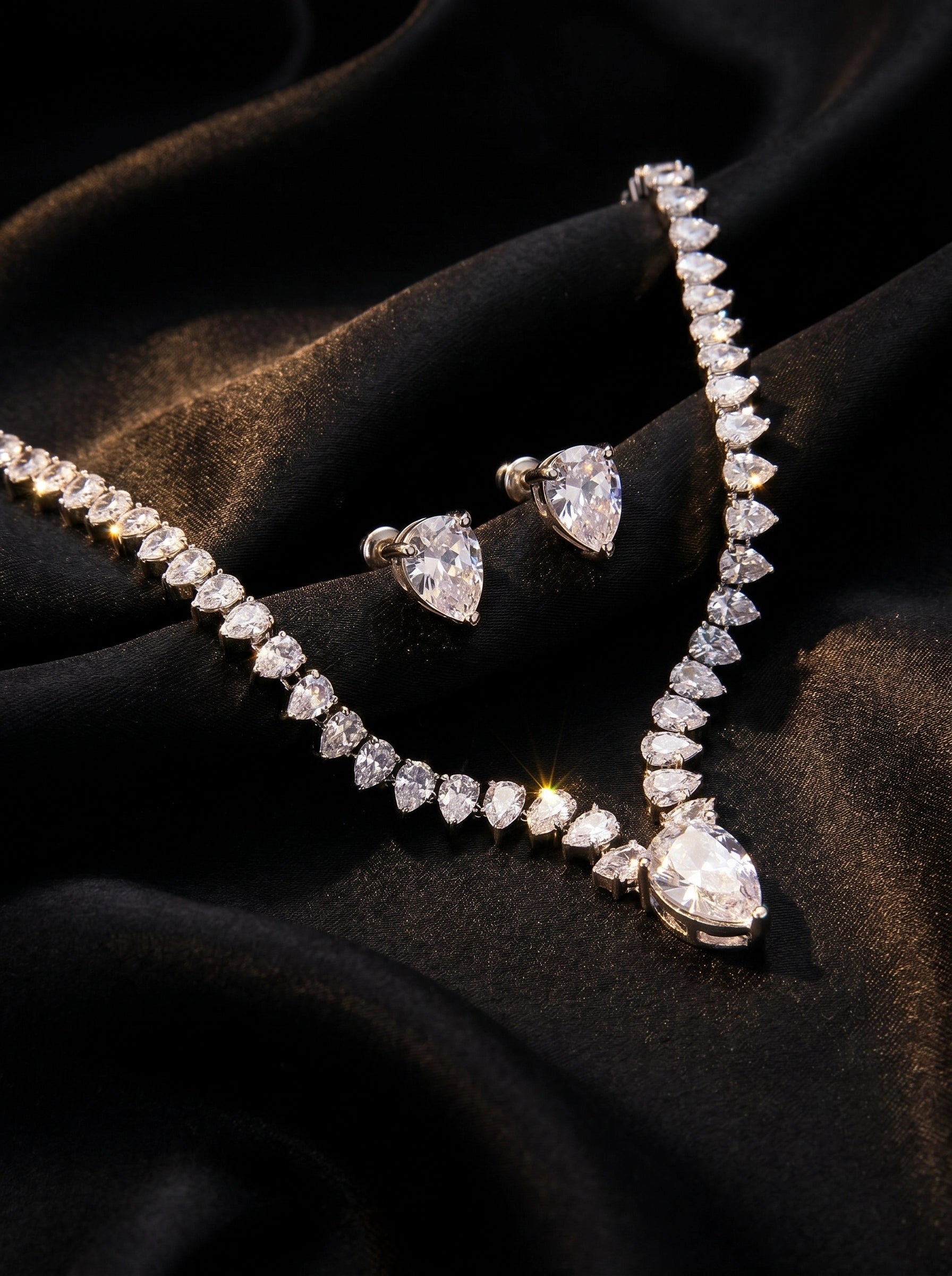 Pear Crystal Jewelry Set, Necklace and Earrings, Silver Plated Bridal Jewelry Gift for Women