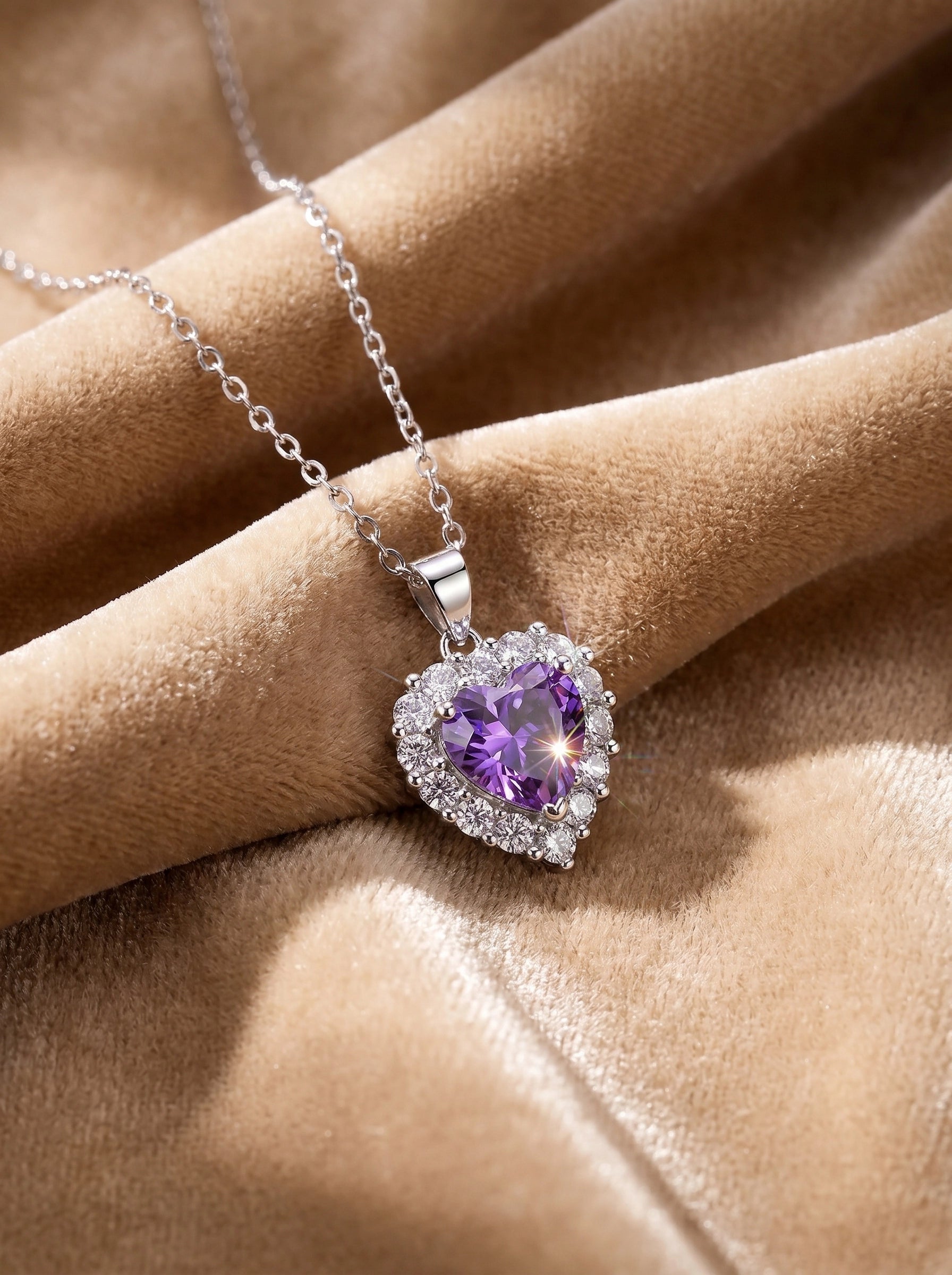 Purple Heart Necklace, Amethyst Crystal Pendant, Silver Halo Jewelry Gift for Women