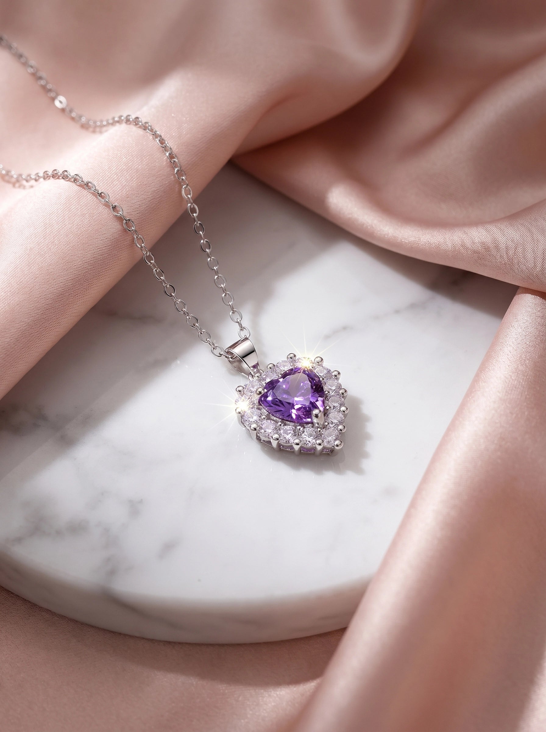 Purple Heart Necklace, Amethyst Crystal Pendant, Silver Halo Jewelry Gift for Women