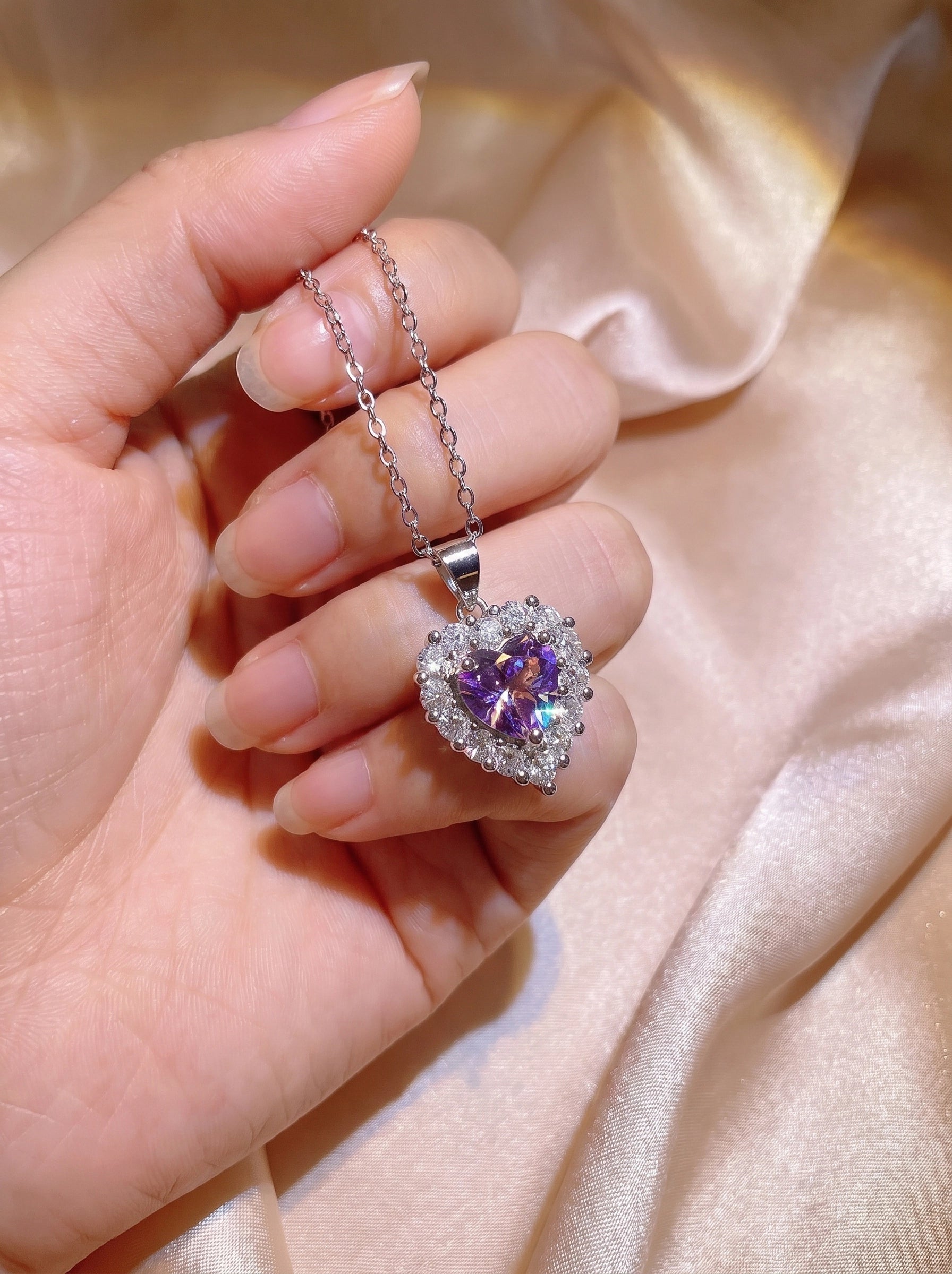 Purple Heart Necklace, Amethyst Crystal Pendant, Silver Halo Jewelry Gift for Women