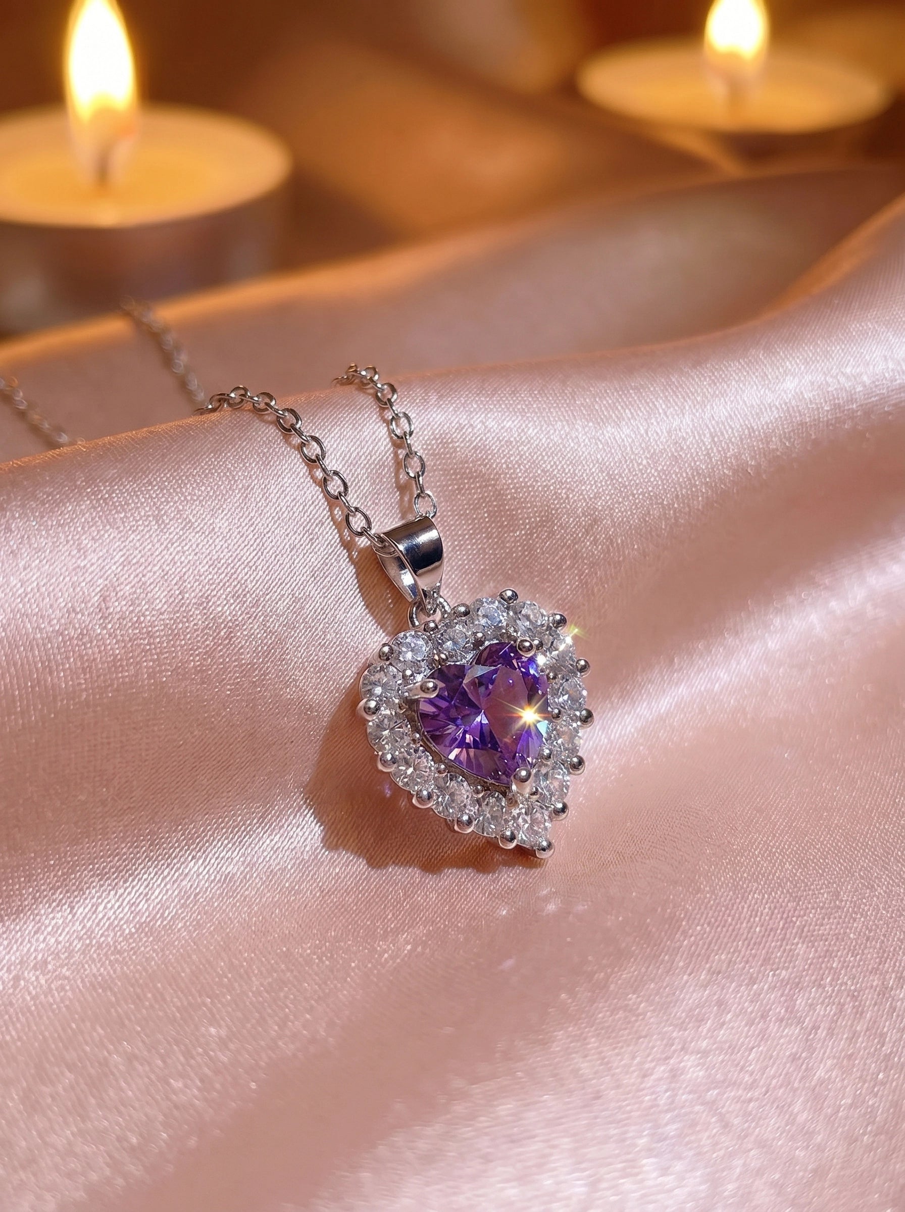 Purple Heart Necklace, Amethyst Crystal Pendant, Silver Halo Jewelry Gift for Women
