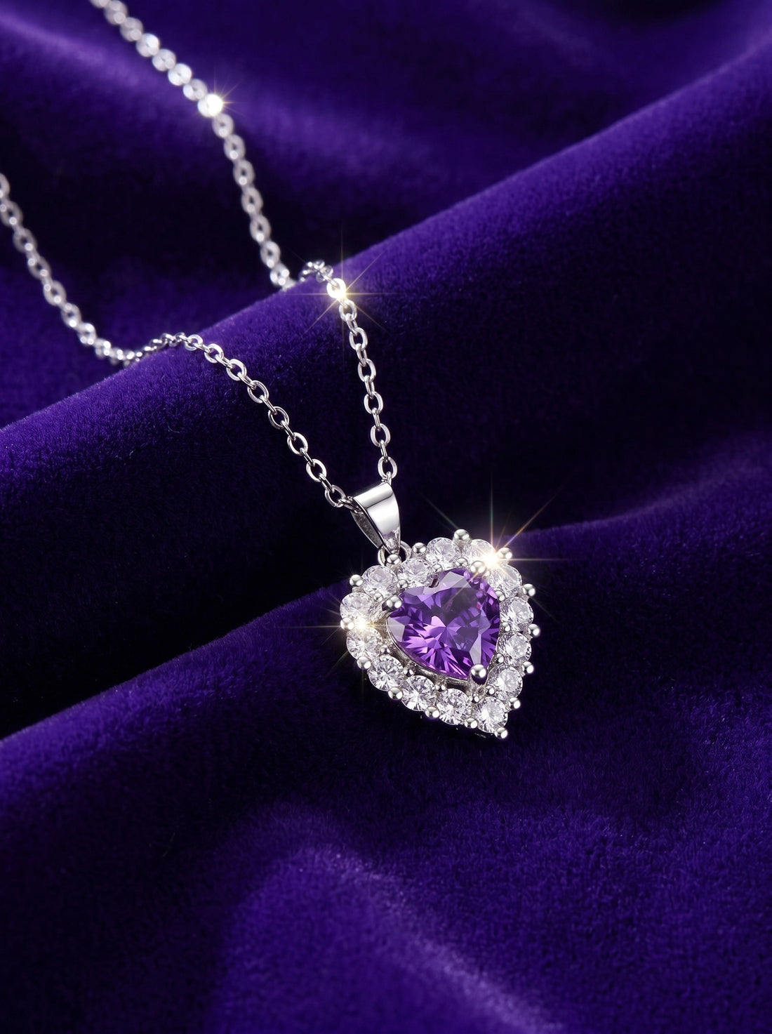 Purple Heart Necklace, Amethyst Crystal Pendant, Silver Halo Jewelry Gift for Women