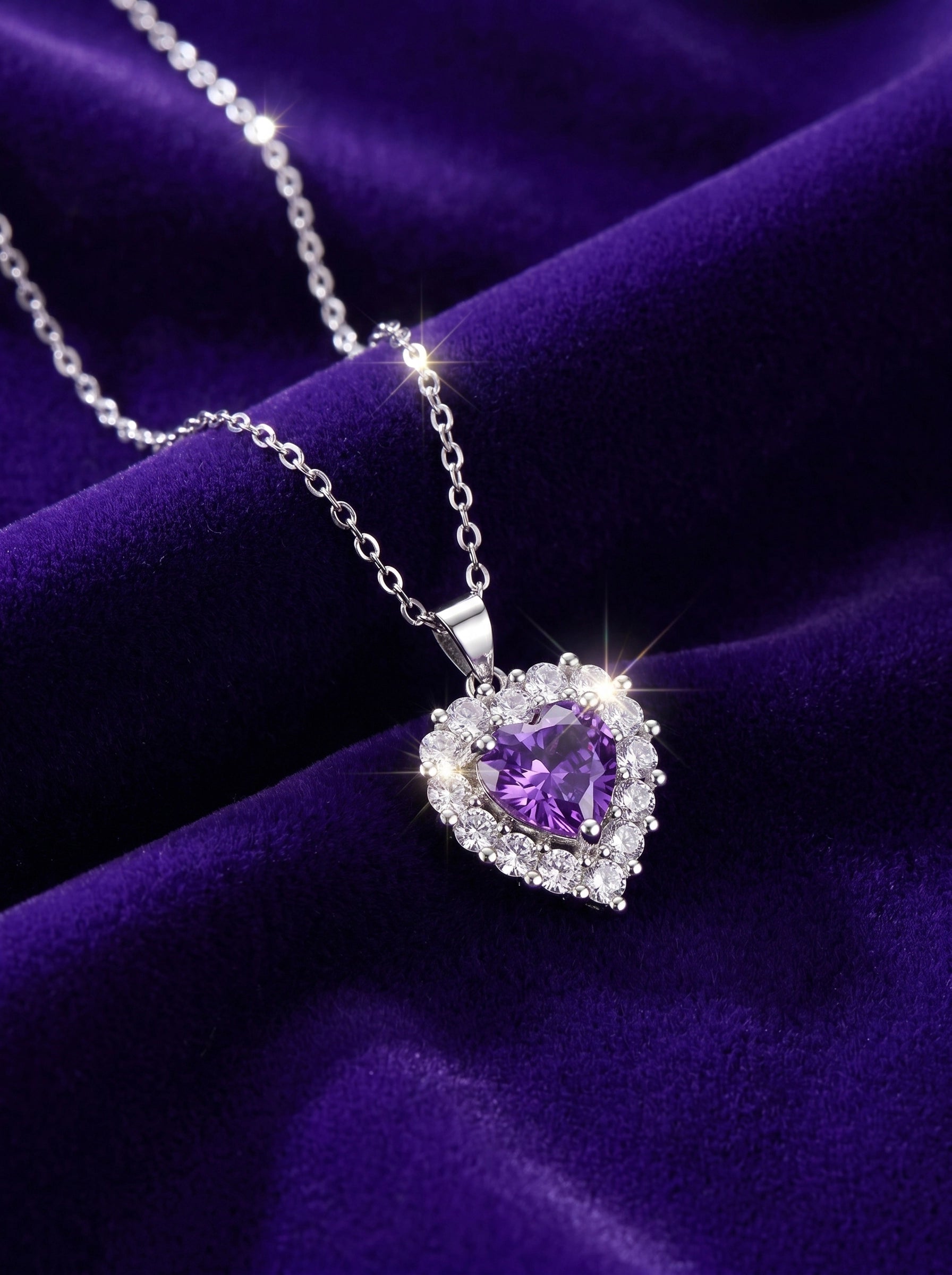 Purple Heart Necklace, Amethyst Crystal Pendant, Silver Halo Jewelry Gift for Women