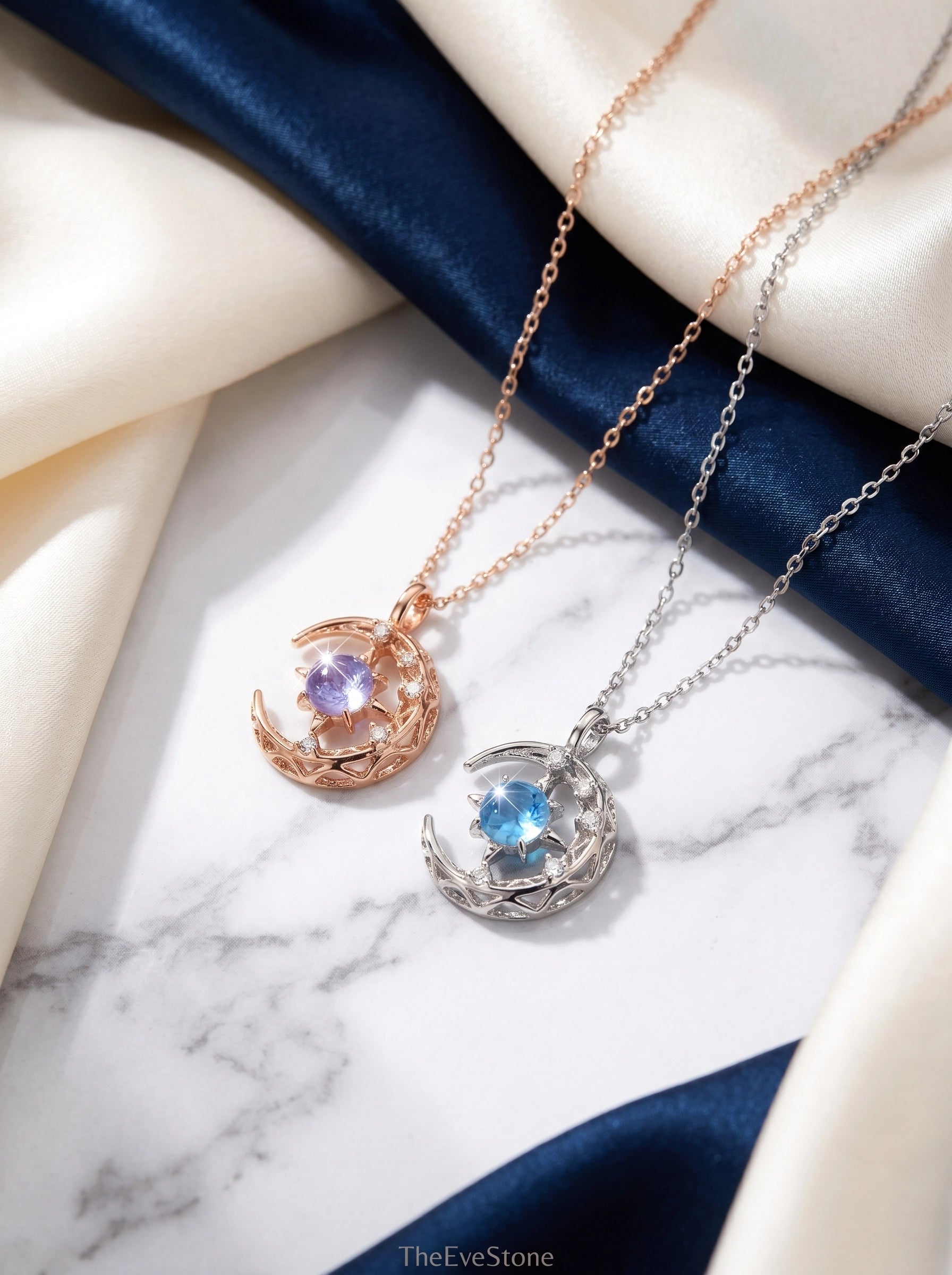 Moon Crystal Necklace, Celestial Pendant, Rose Gold Lavender, Silver Blue
