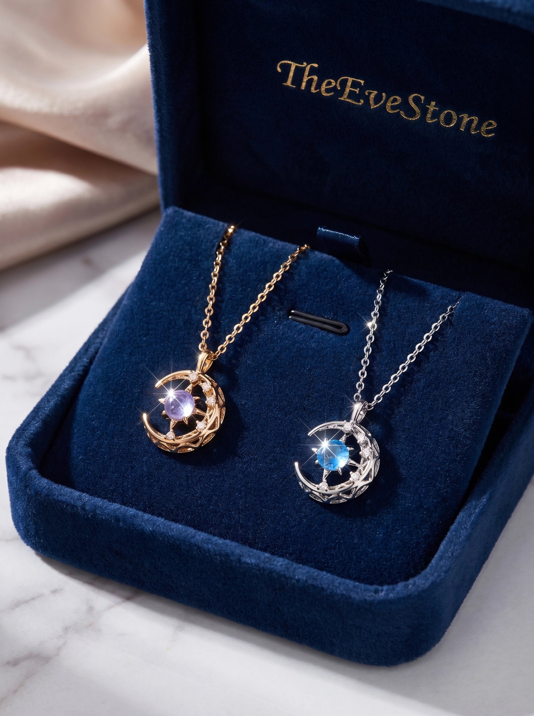 Moon Crystal Necklace, Celestial Pendant, Rose Gold Lavender, Silver Blue