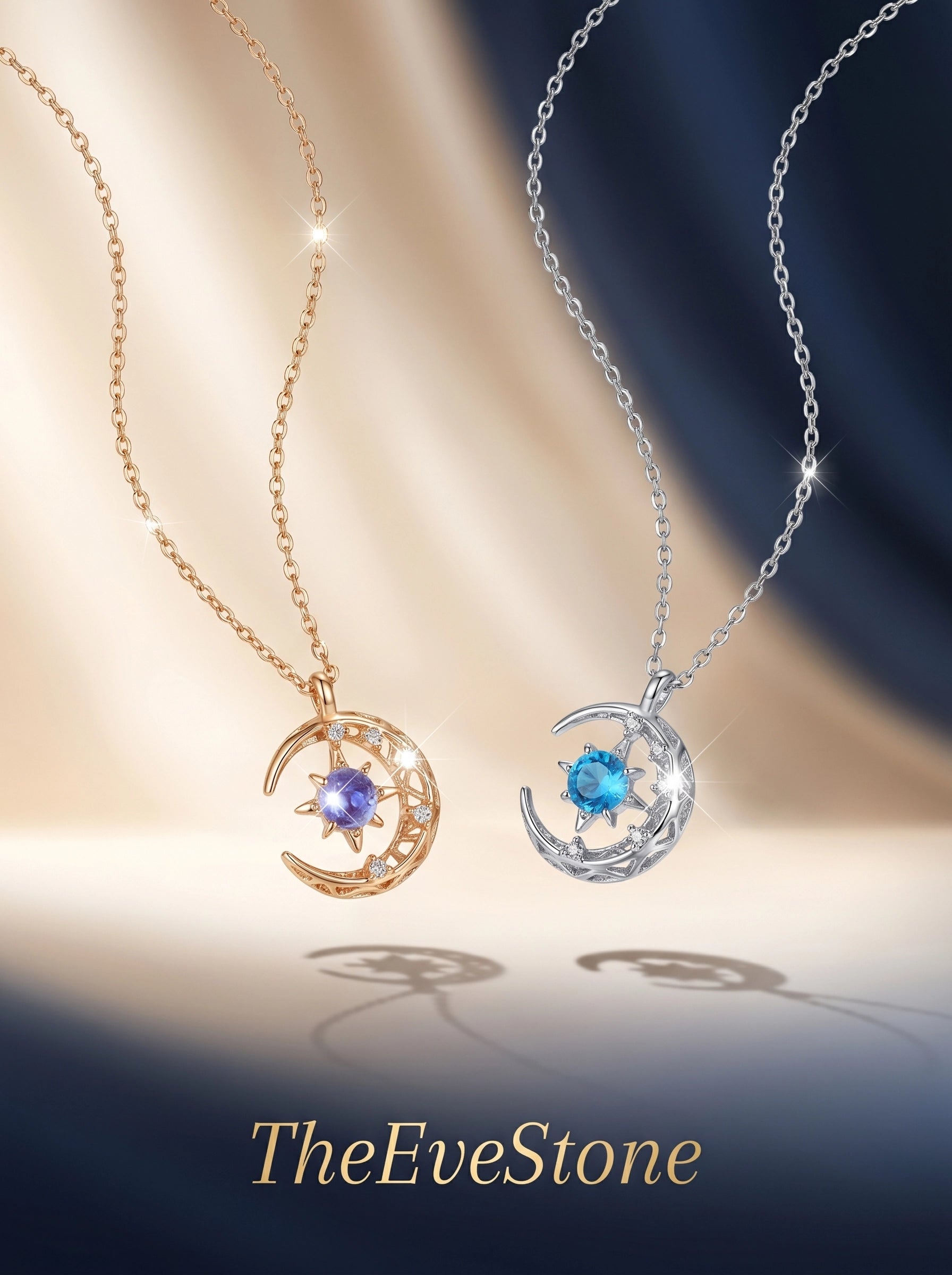 Moon Crystal Necklace, Celestial Pendant, Rose Gold Lavender, Silver Blue