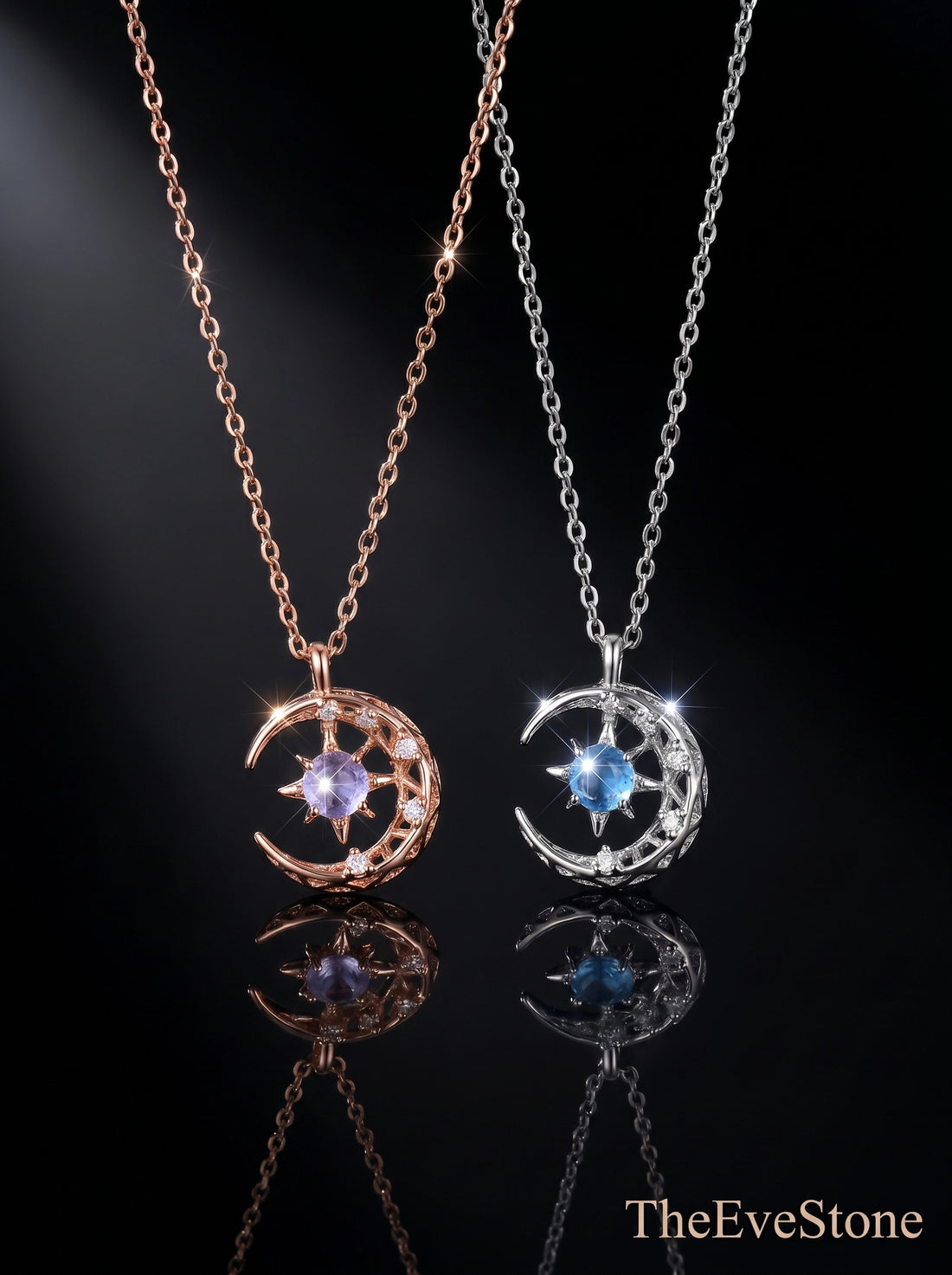 Moon Crystal Necklace, Celestial Pendant, Rose Gold Lavender, Silver Blue