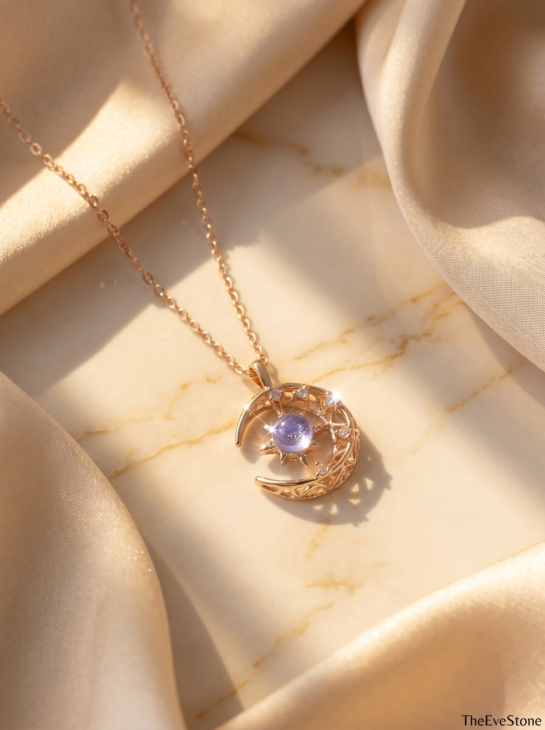 Moon Crystal Necklace, Celestial Pendant, Rose Gold Lavender, Silver Blue