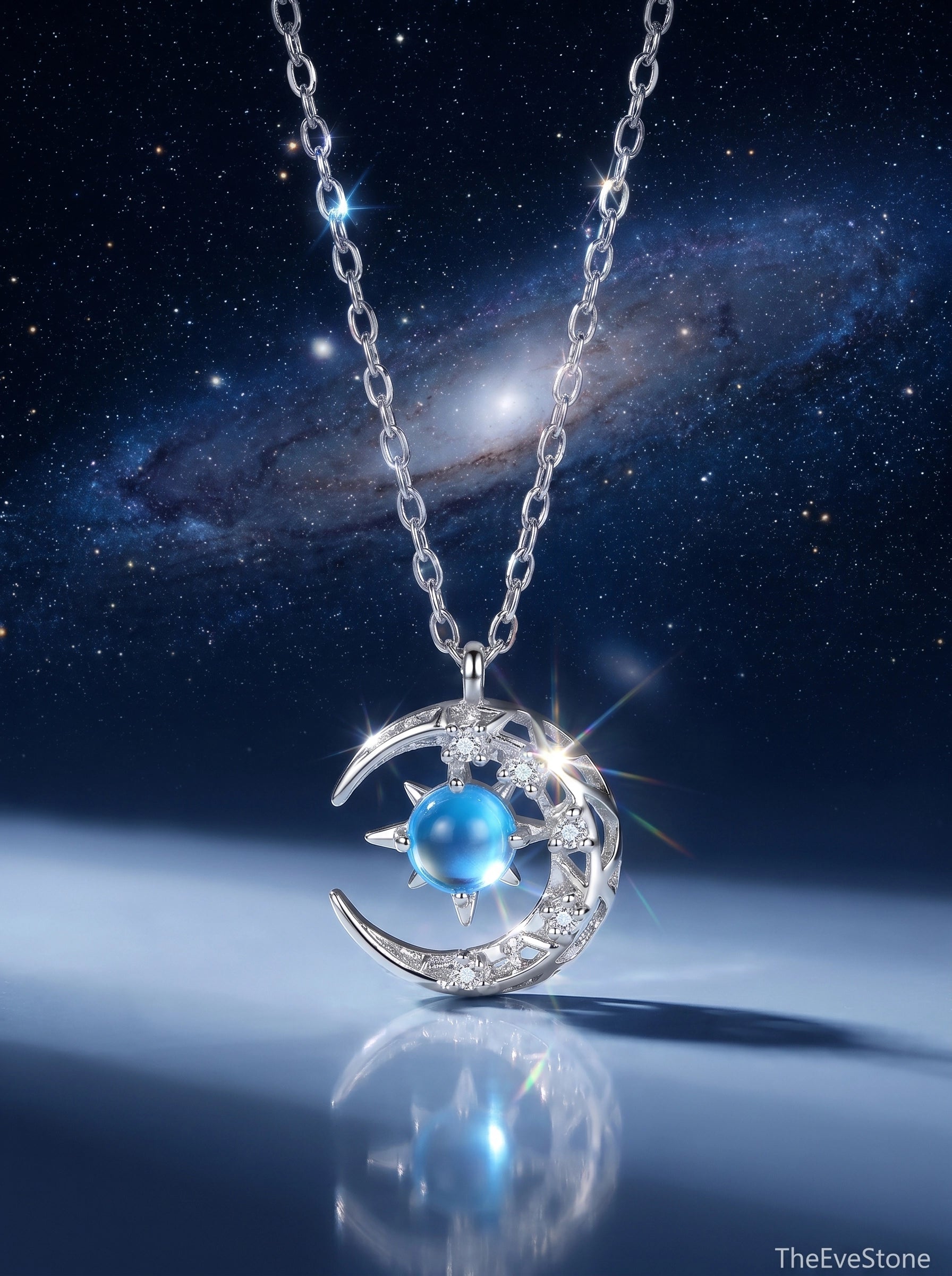 Moon Crystal Necklace, Celestial Pendant, Rose Gold Lavender, Silver Blue