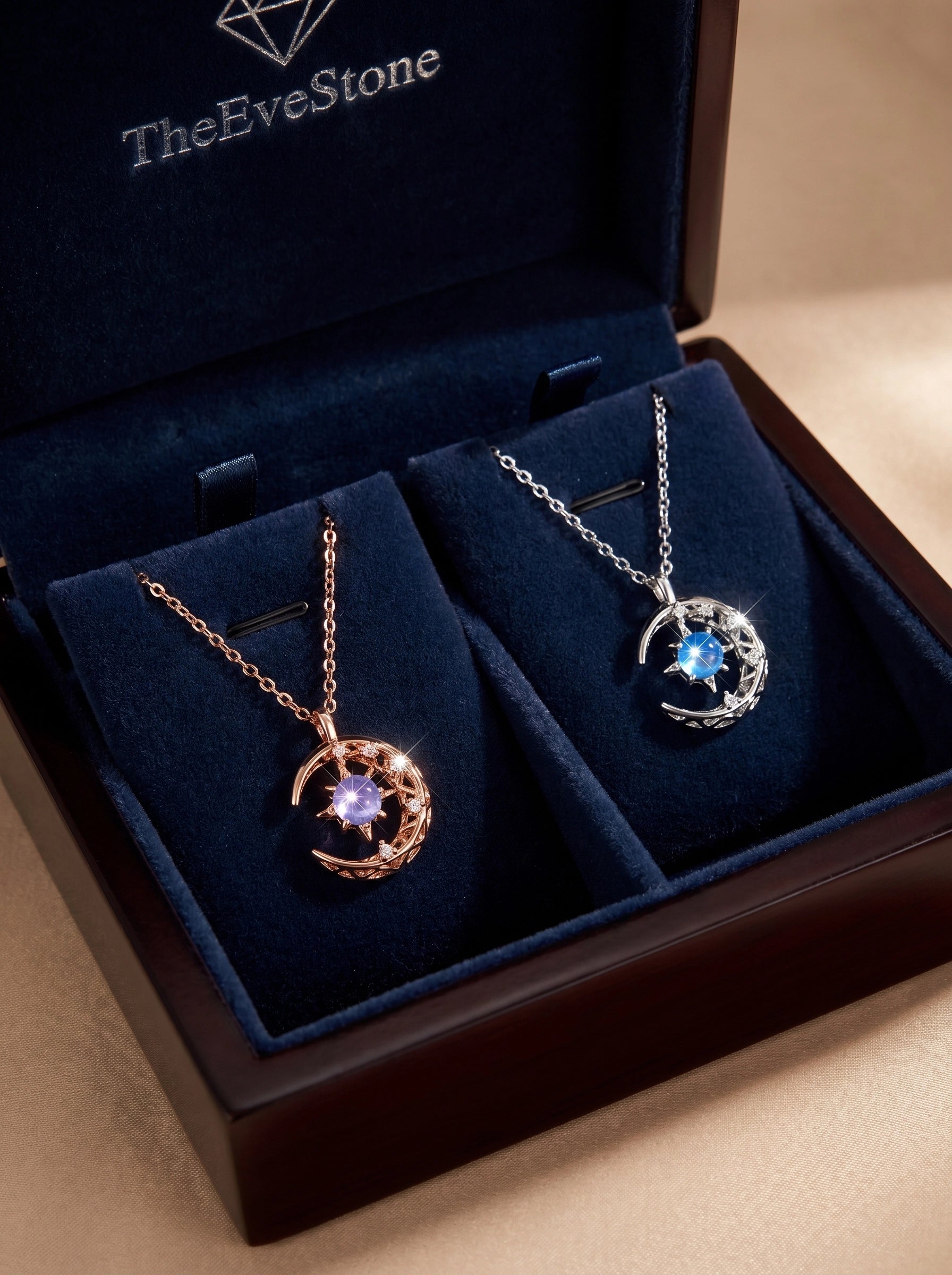 Moon Crystal Necklace, Celestial Pendant, Rose Gold Lavender, Silver Blue