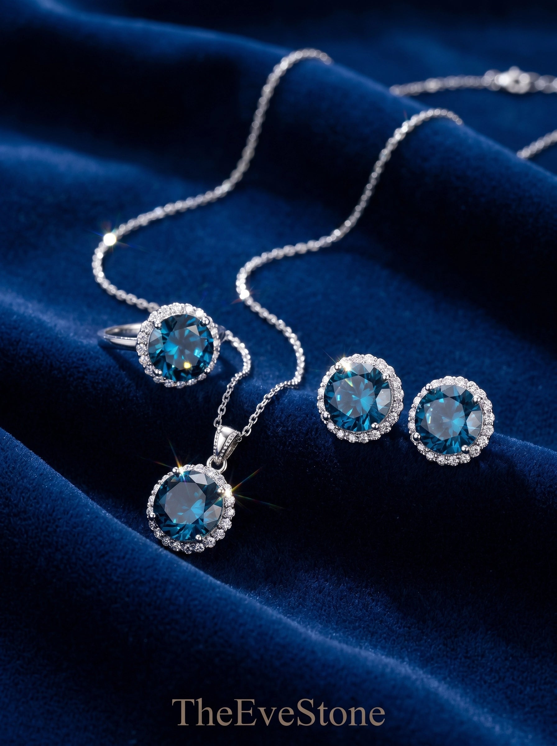 Blue Crystal Jewelry Set, Necklace Earrings Ring Set, Bridal Gift for Women