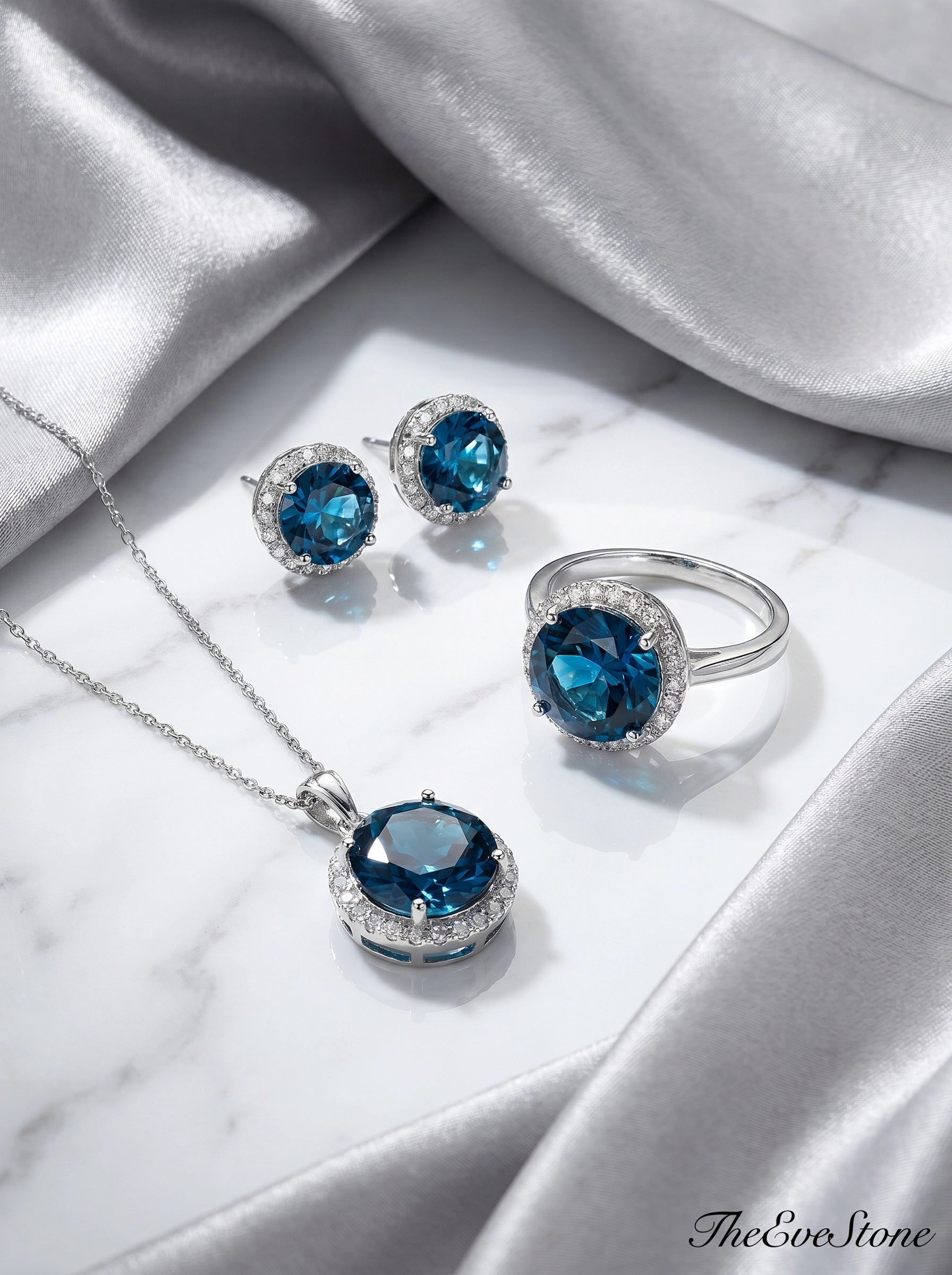 Blue Crystal Jewelry Set, Necklace Earrings Ring Set, Bridal Gift for Women