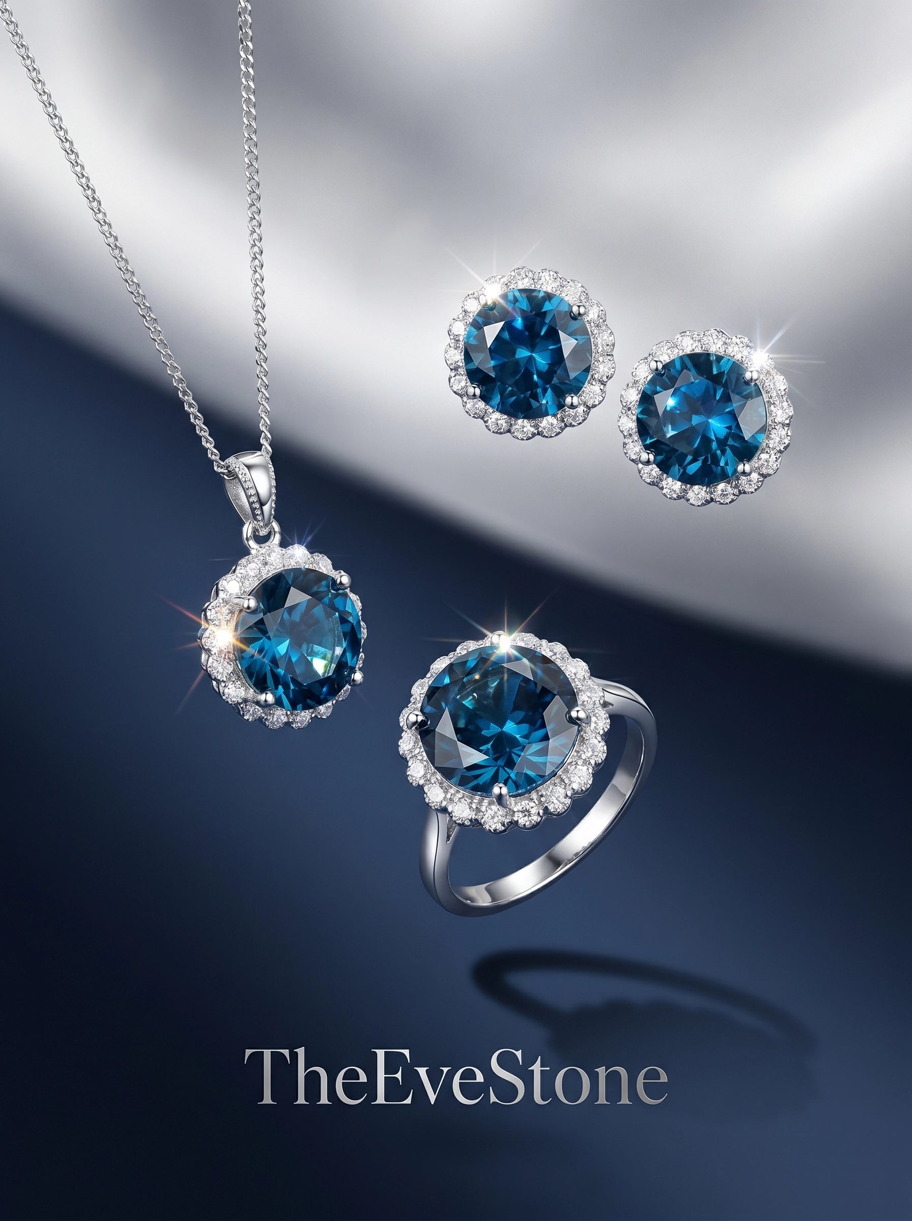 Blue Crystal Jewelry Set, Necklace Earrings Ring Set, Bridal Gift for Women
