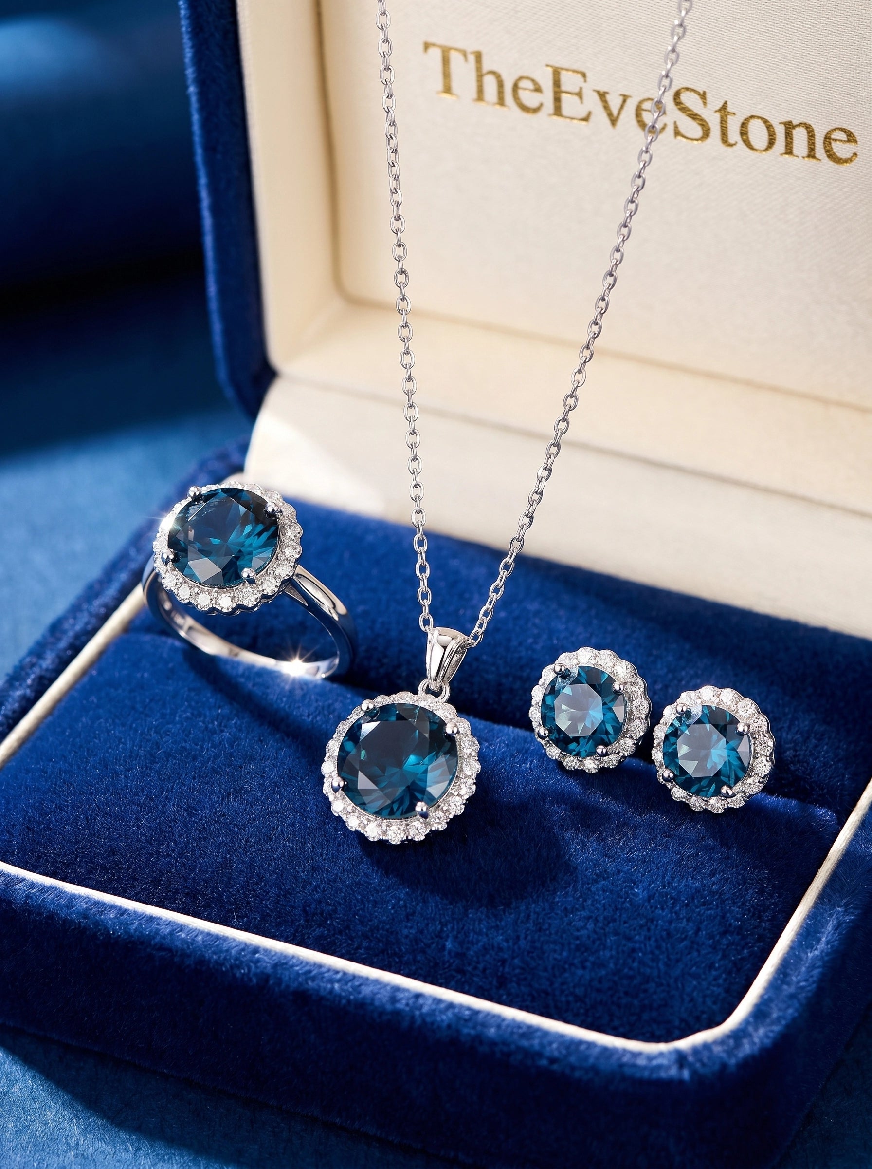 Blue Crystal Jewelry Set, Necklace Earrings Ring Set, Bridal Gift for Women