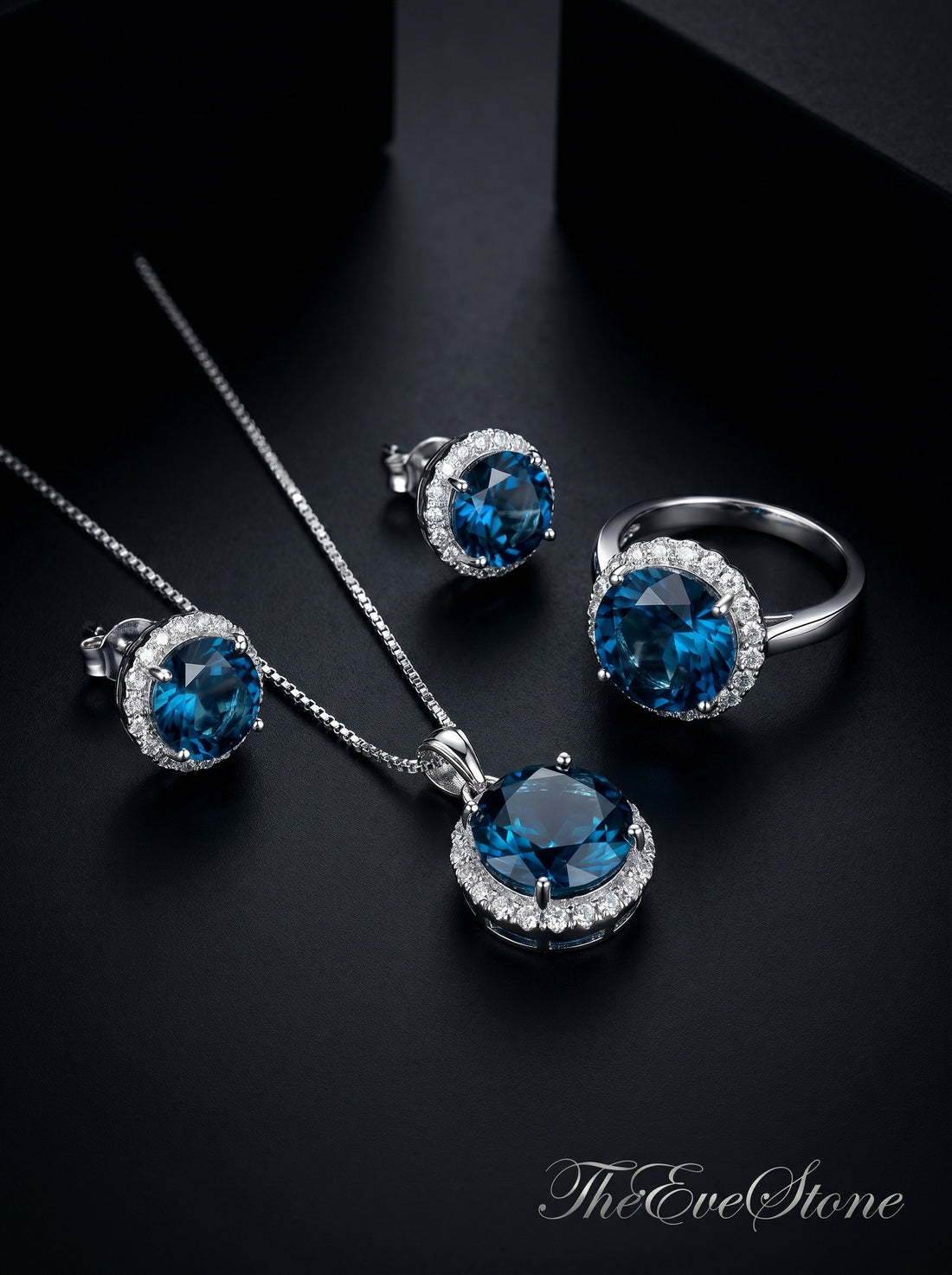 Blue Crystal Jewelry Set, Necklace Earrings Ring Set, Bridal Gift for Women