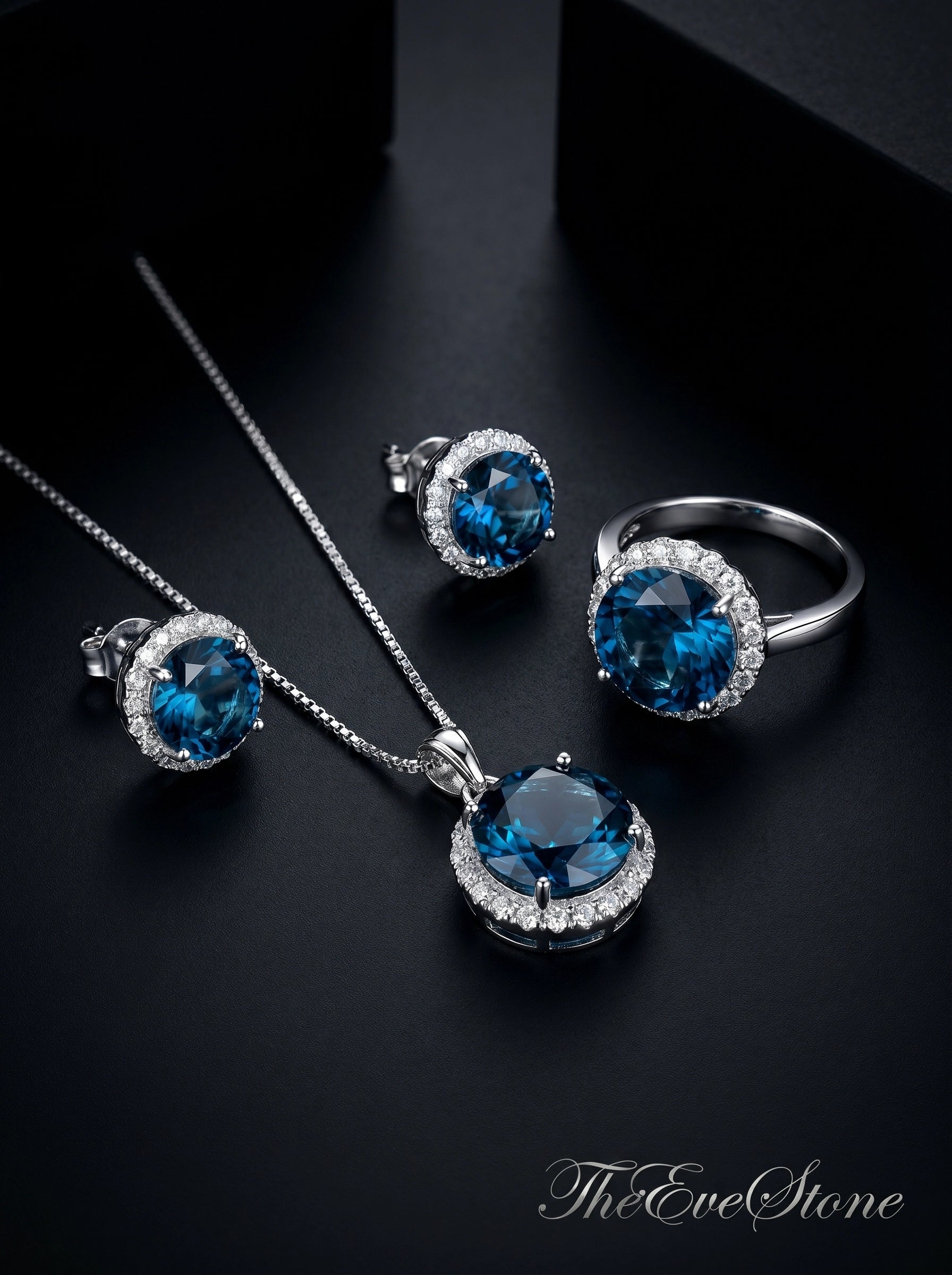 Blue Crystal Jewelry Set, Necklace Earrings Ring Set, Bridal Gift for Women