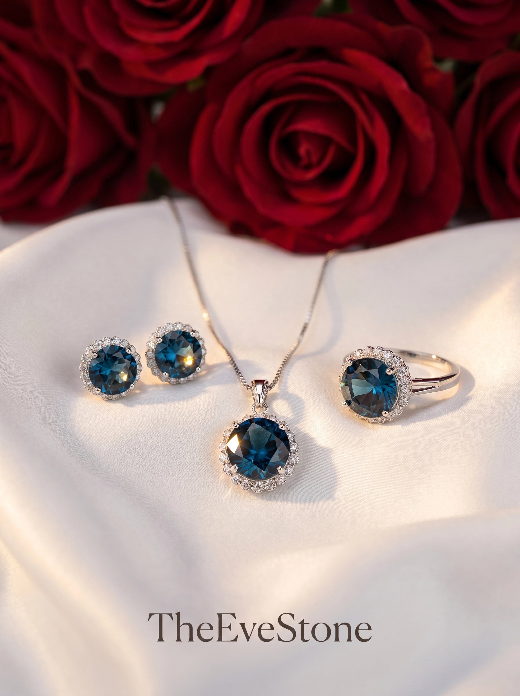 Blue Crystal Jewelry Set, Necklace Earrings Ring Set, Bridal Gift for Women