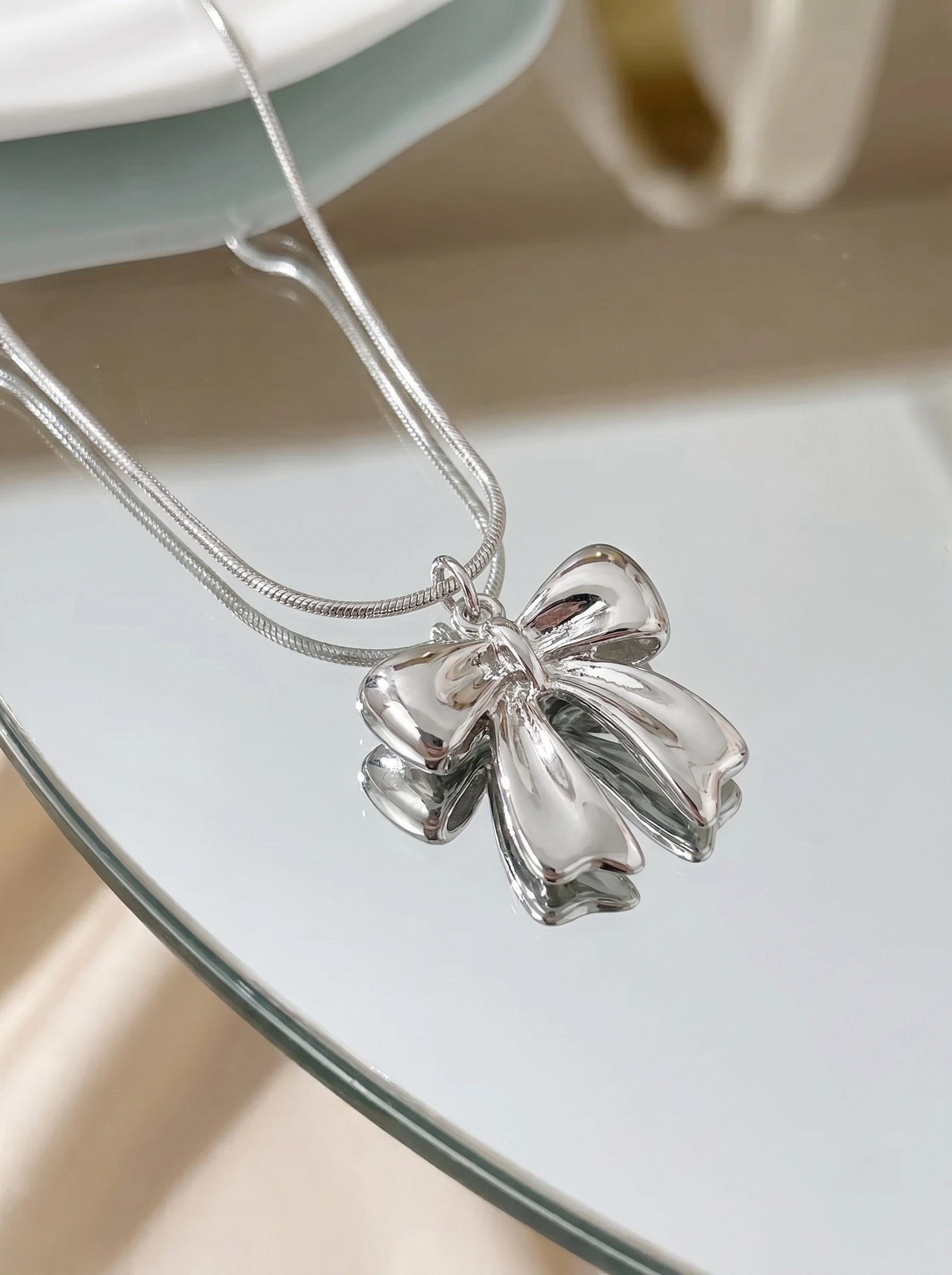 Silver Bow Pendant Necklace for Women – Elegant Ribbon Charm Necklace, Minimalist Silver Jewelry, Coquette Bow Necklace, Feminine Gift for Her