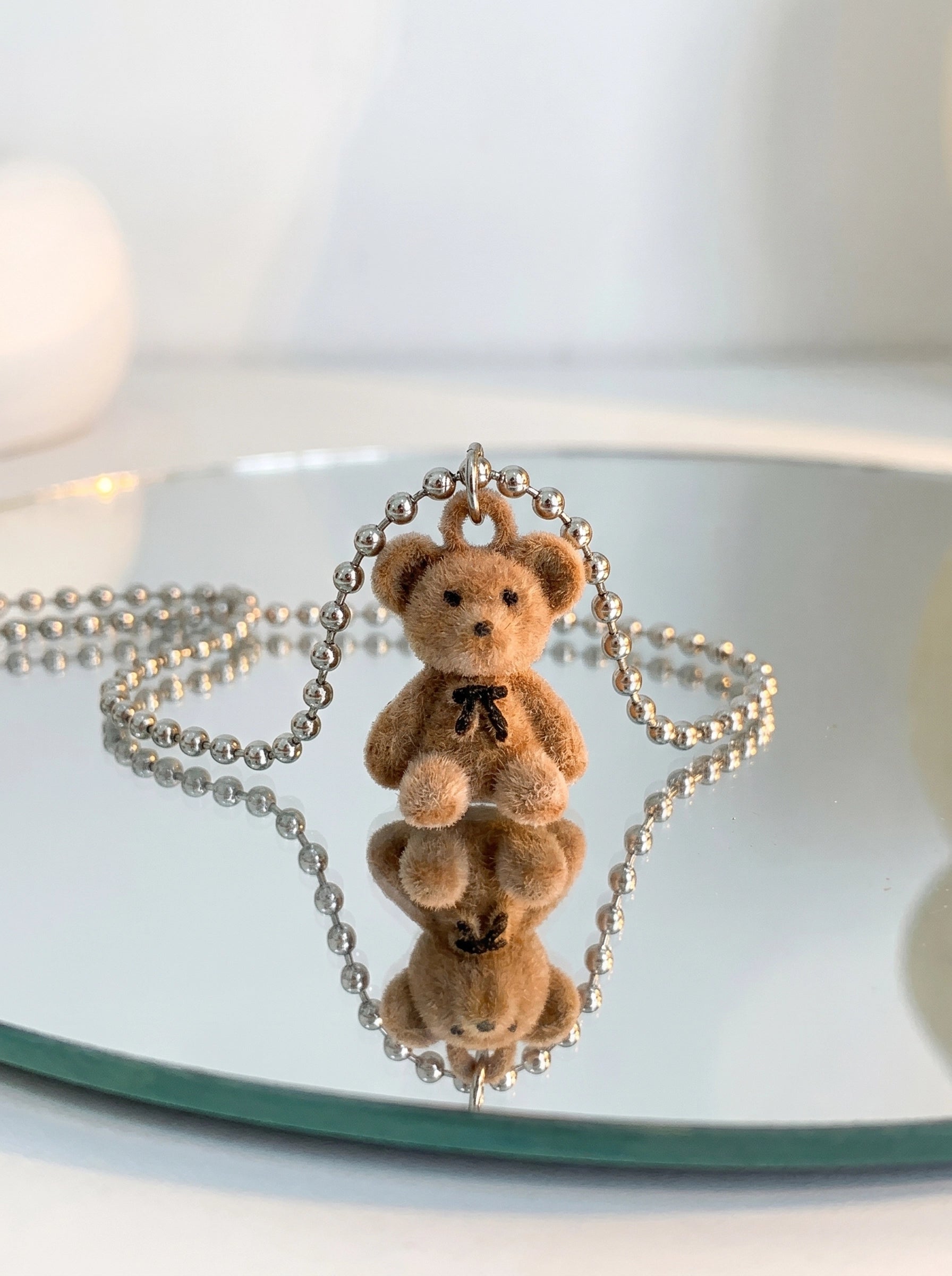 Cute Teddy Bear Pendant Necklace for Women & Girls – Plush Bear Charm Necklace, Kawaii Aesthetic Jewelry, Silver Beaded Chain, Gift for Her