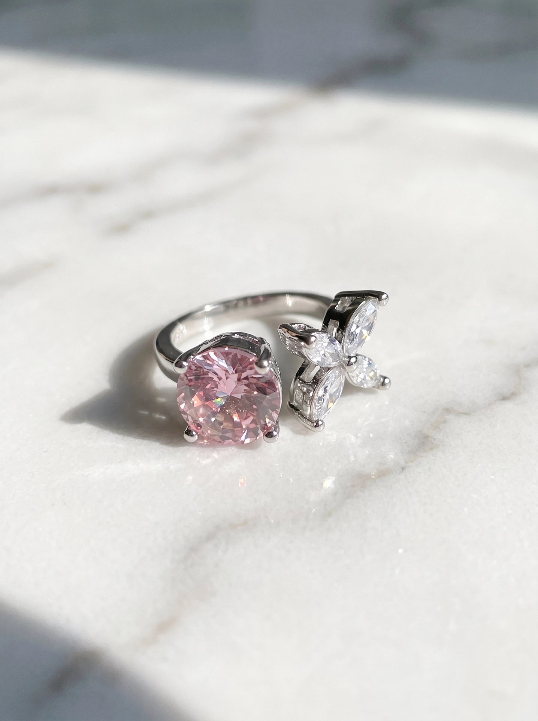 Pink Crystal Butterfly Ring for Women – Adjustable Silver Ring, Sparkly Butterfly Statement Ring, Romantic Pink Gemstone Jewelry, Gift for Her
